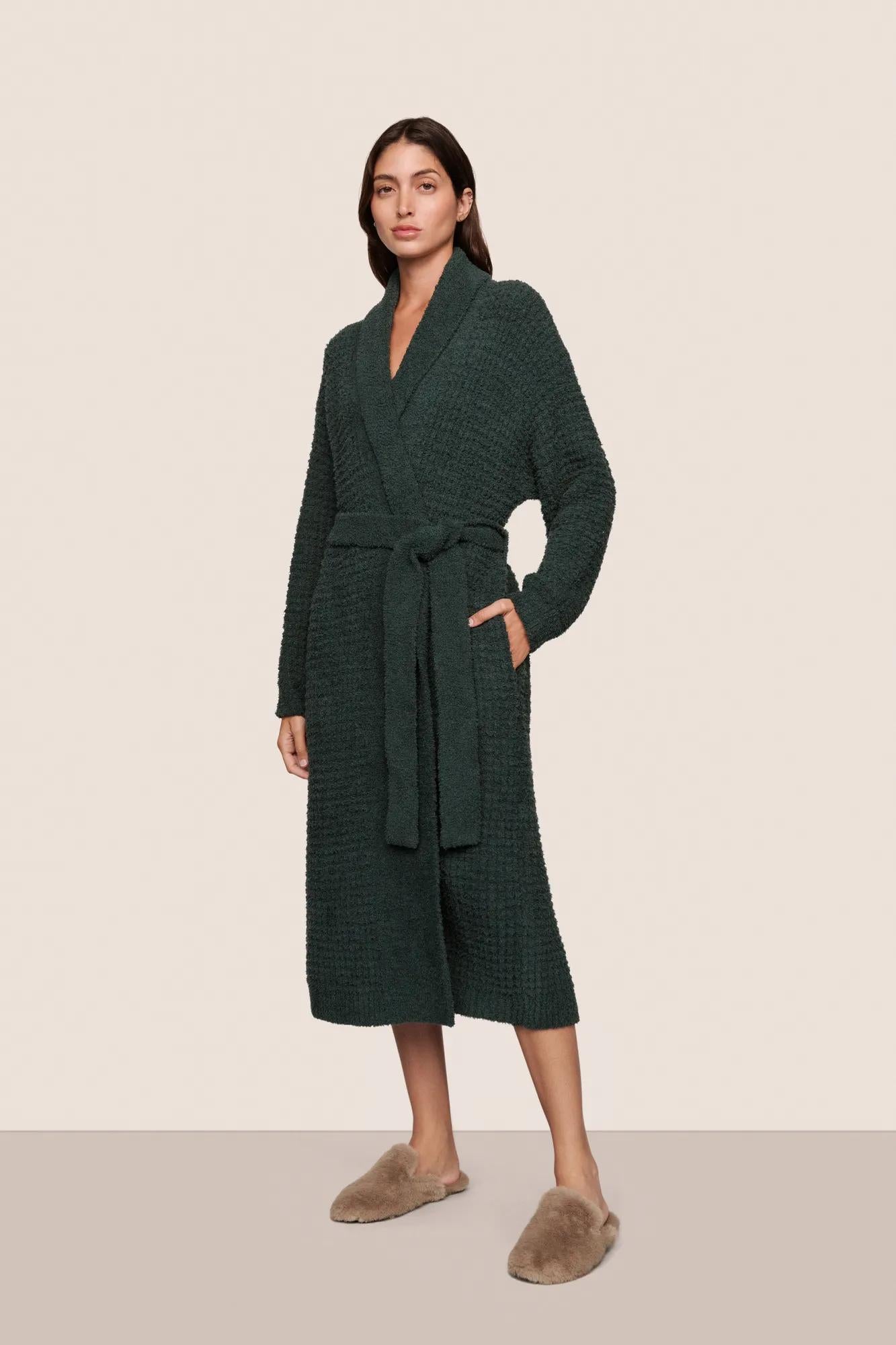 Model is wearing Recycled Boucle Robe  in Pine