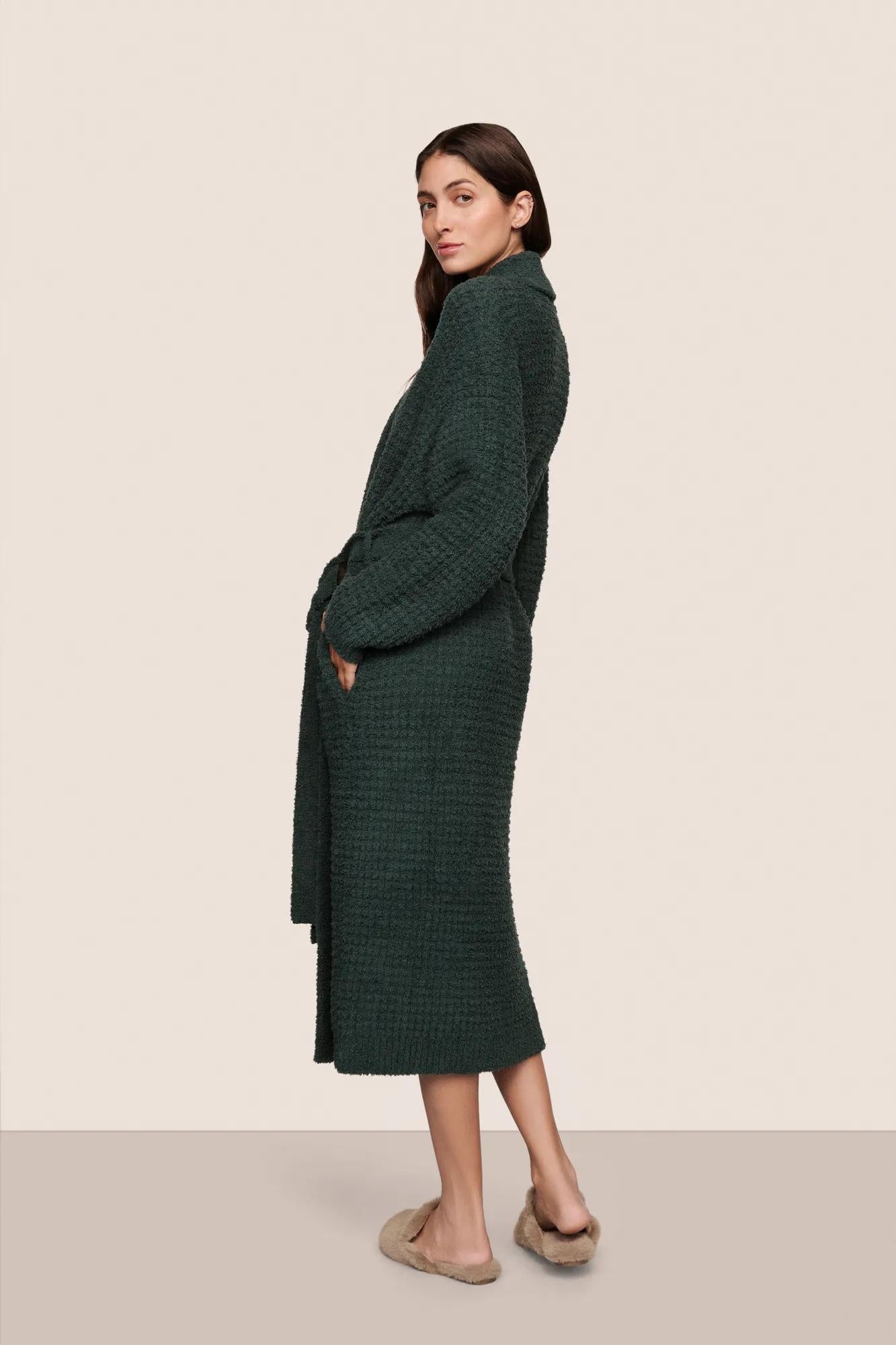 Model is wearing Recycled Boucle Robe  in Pine