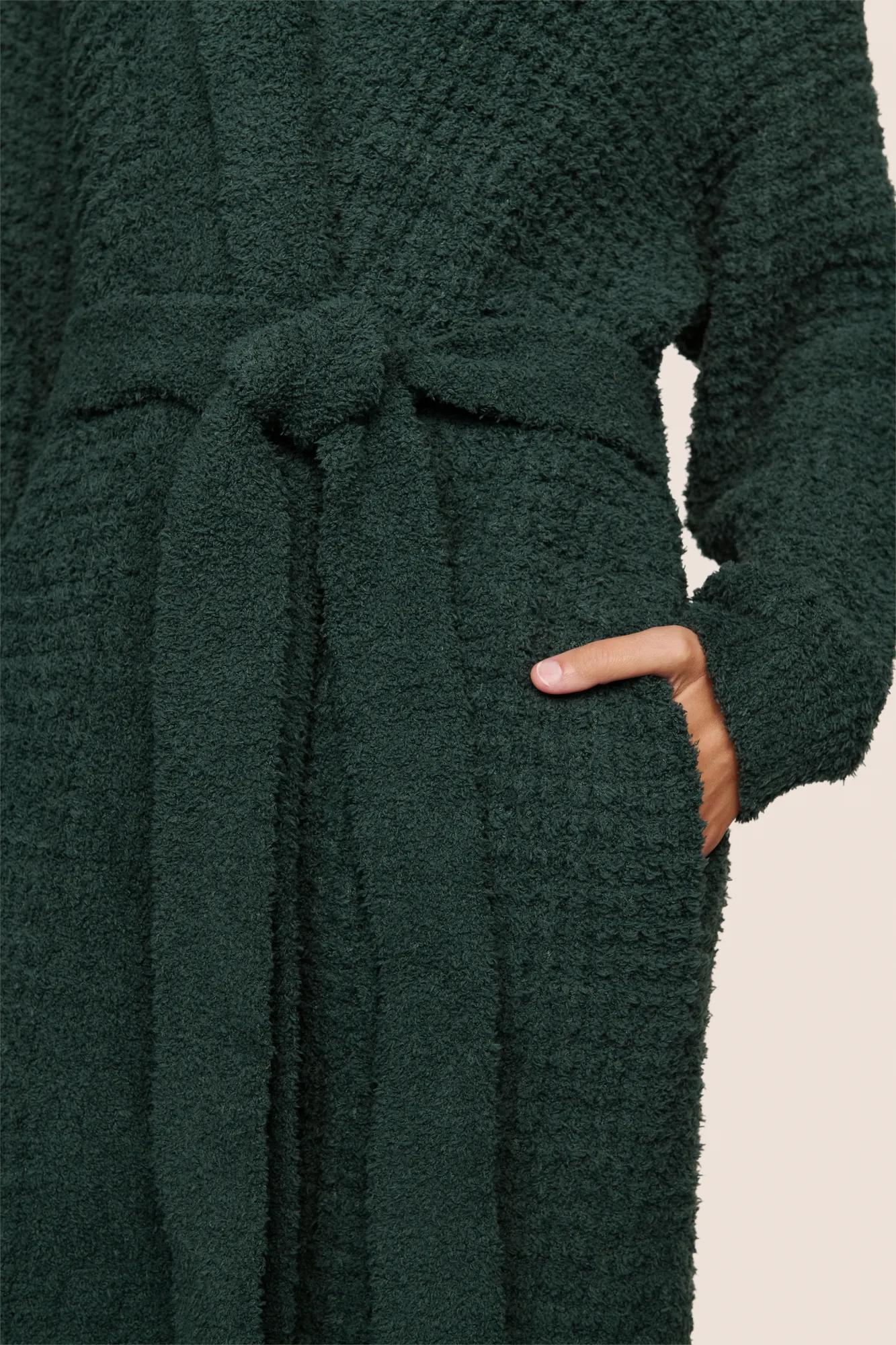 Model is wearing Recycled Boucle Robe  in Pine