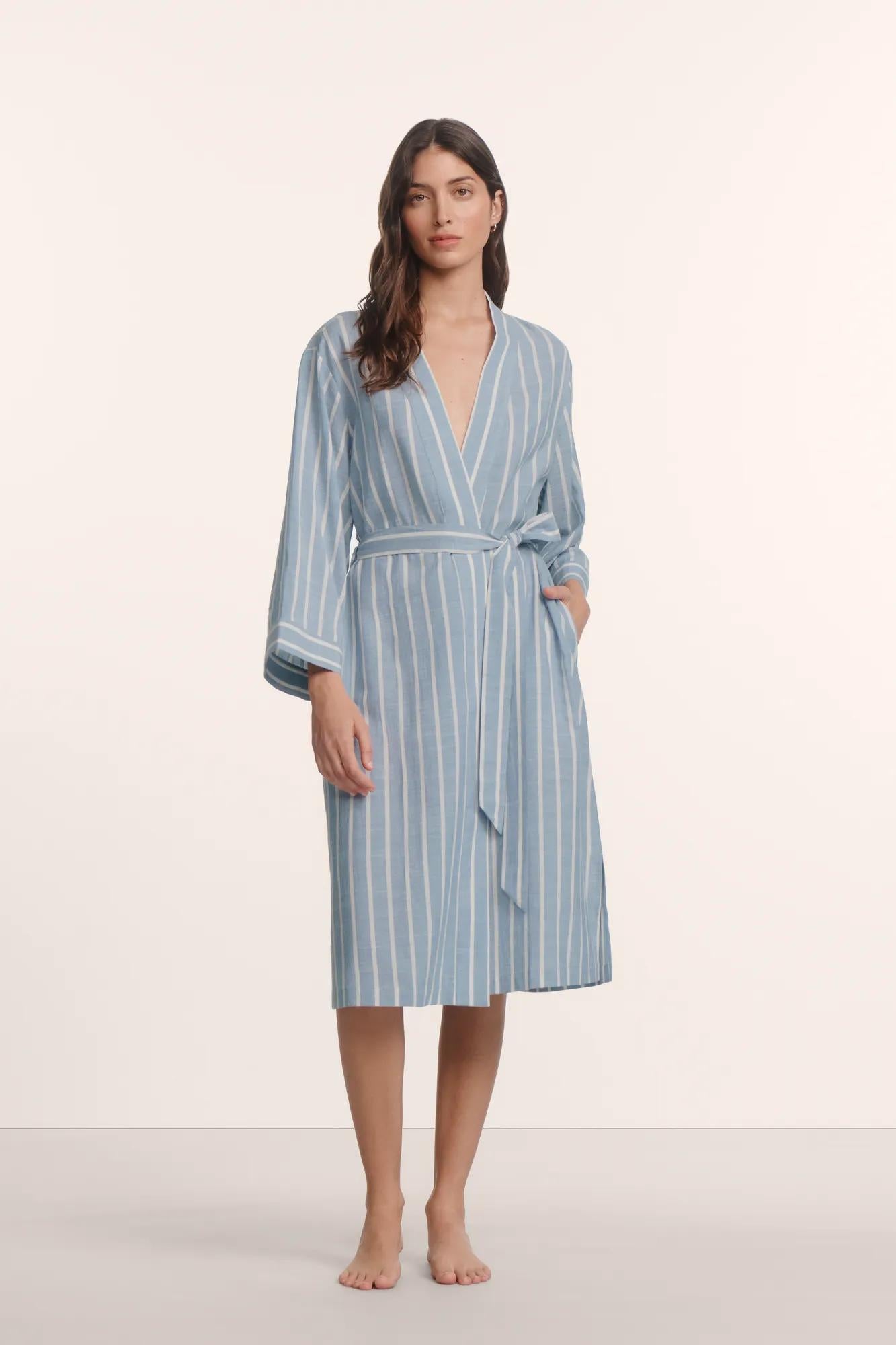 Model is wearing Nautico Midi Robe in Classic Stripe Slate Blue/Ivor