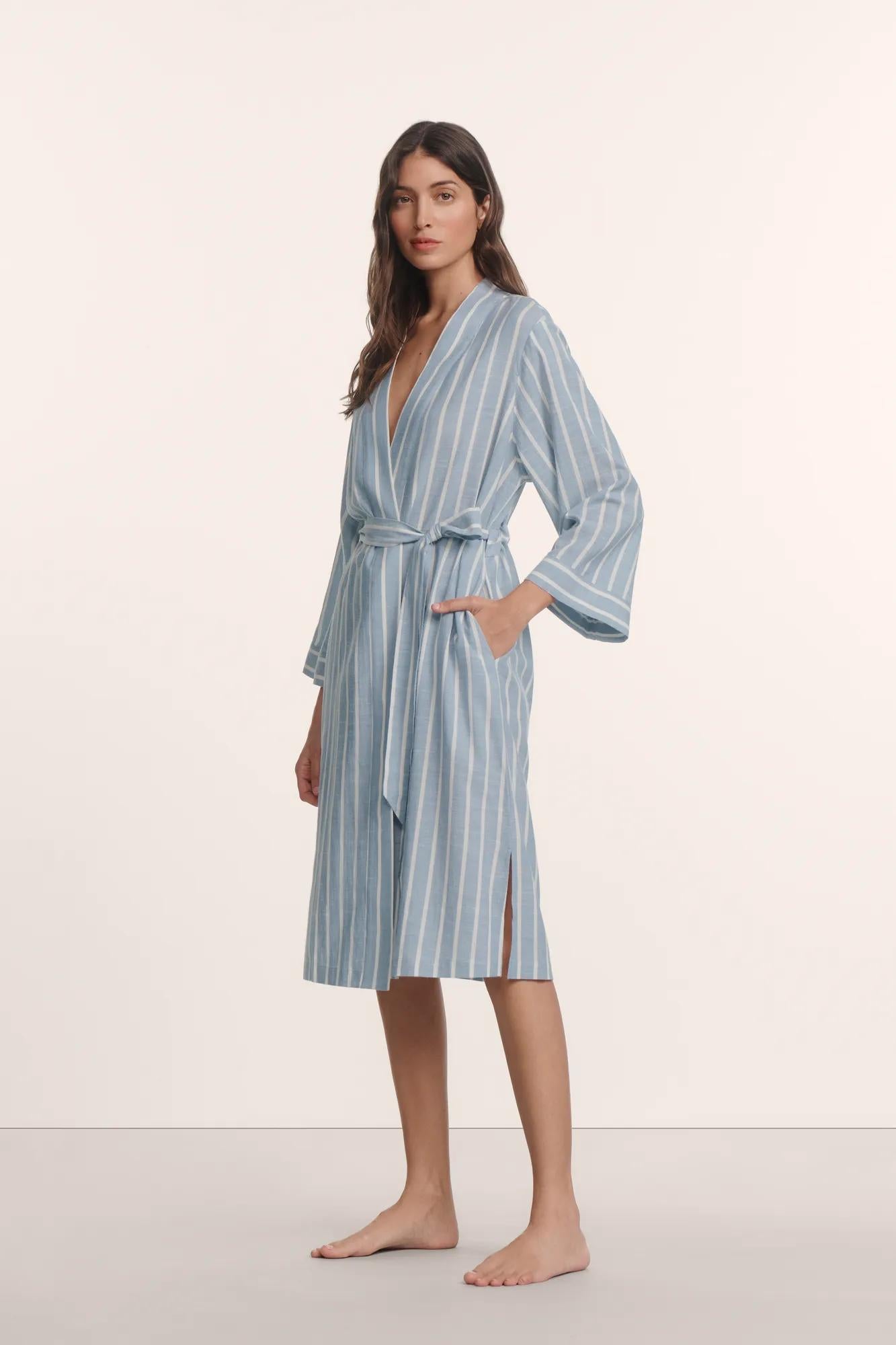 Model is wearing Nautico Midi Robe in Classic Stripe Slate Blue/Ivor