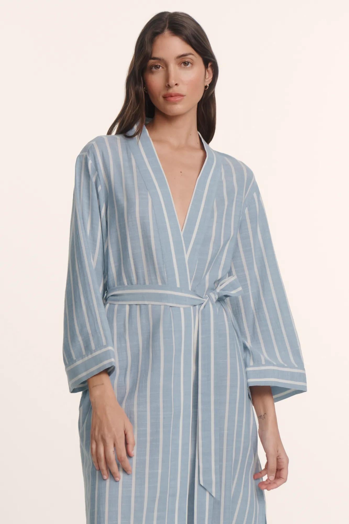 Model is wearing Nautico Midi Robe in Classic Stripe Slate Blue/Ivor