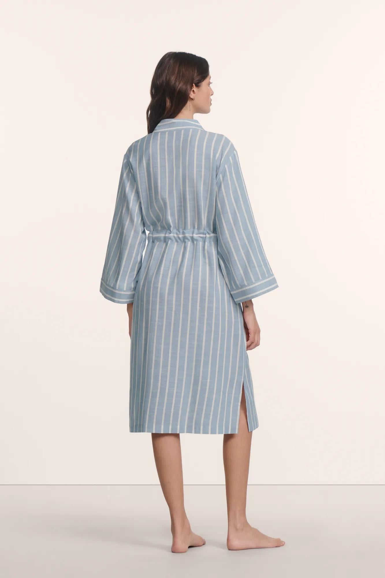 Model is wearing Nautico Midi Robe in Classic Stripe Slate Blue/Ivor