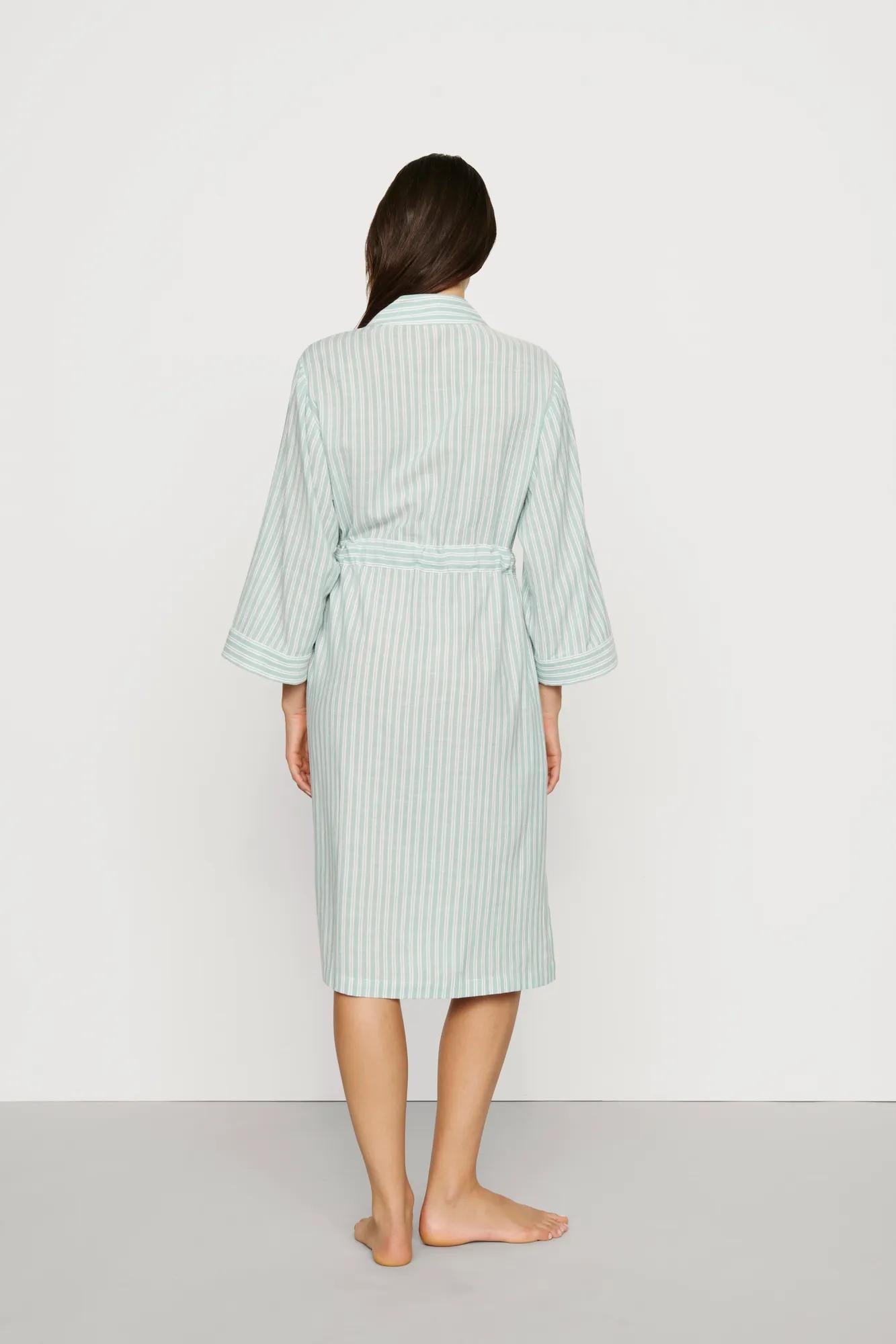 Model is wearing Nautico Midi Robe in Regatta Stripe Seagrass/White