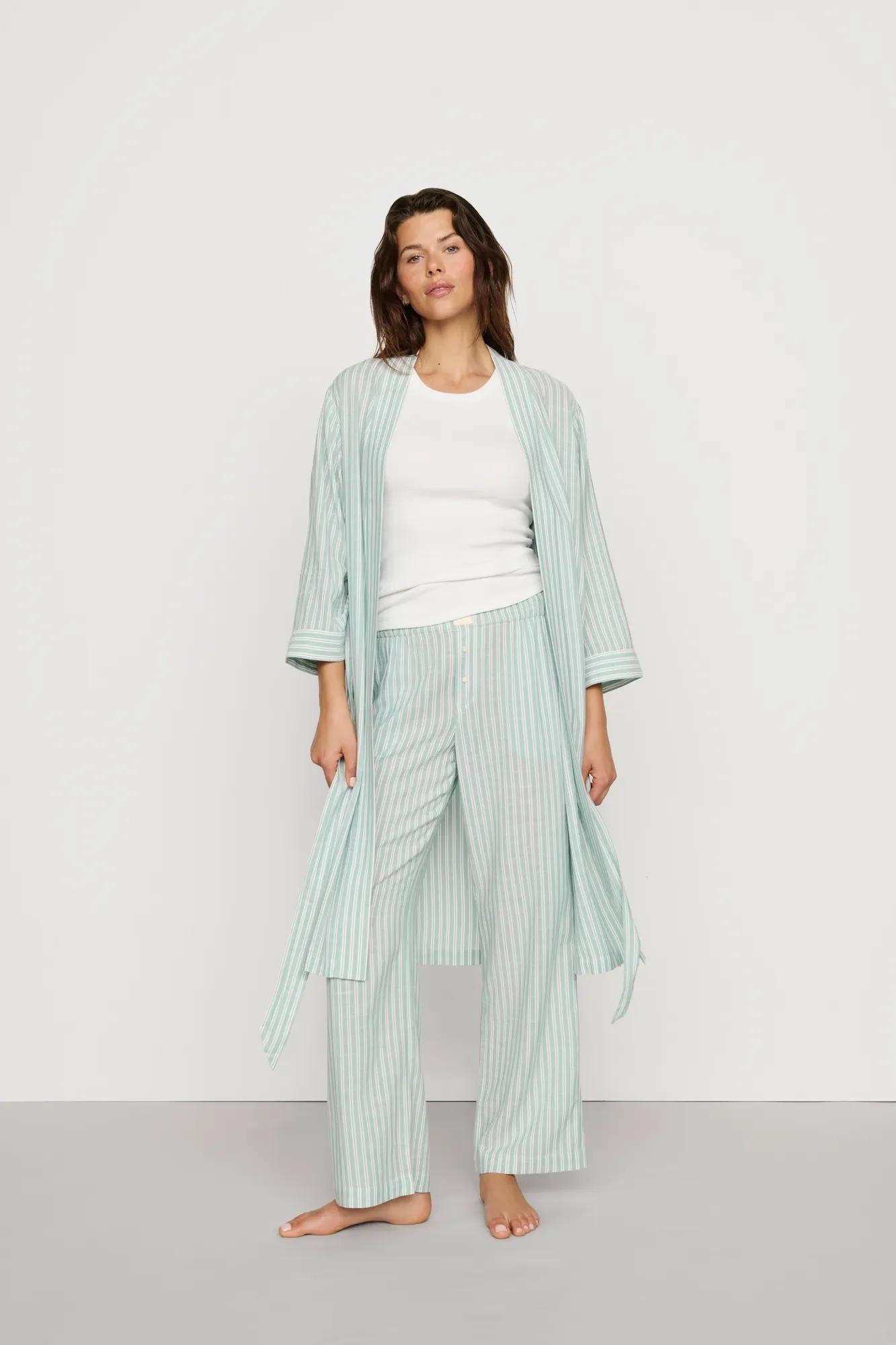 Model is wearing Nautico Midi Robe in Regatta Stripe Seagrass/White