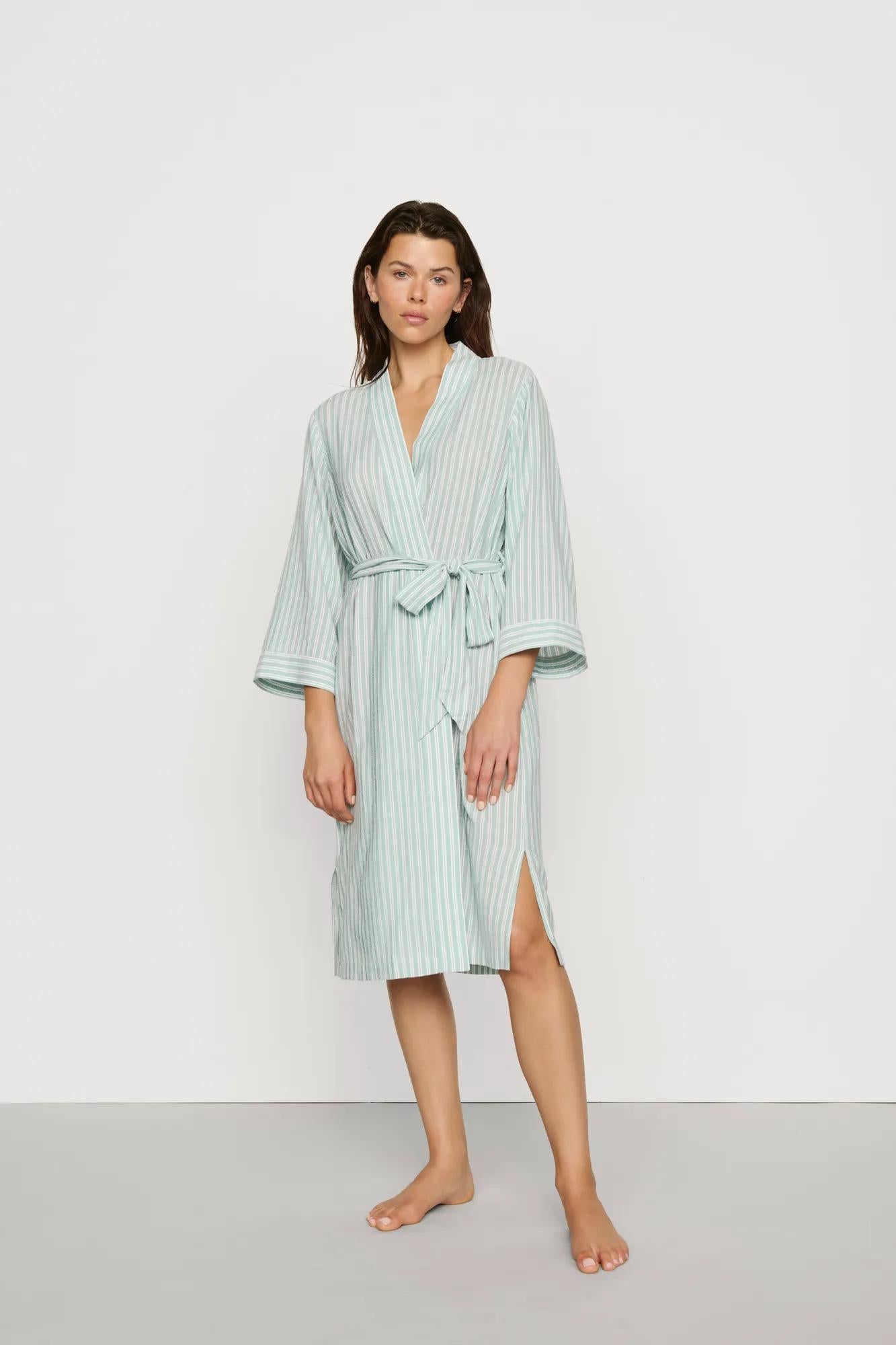 Model is wearing Nautico Midi Robe in Regatta Stripe Seagrass/White