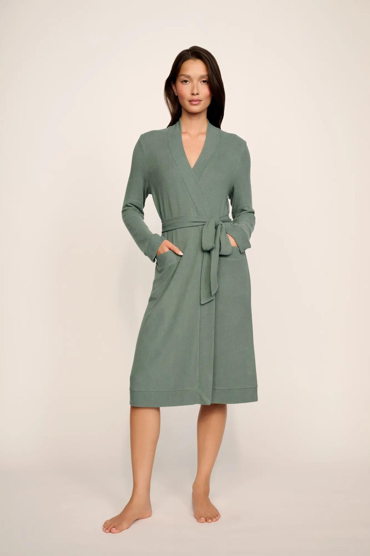 Model is wearing Cozy Time Robe in Desert Sage