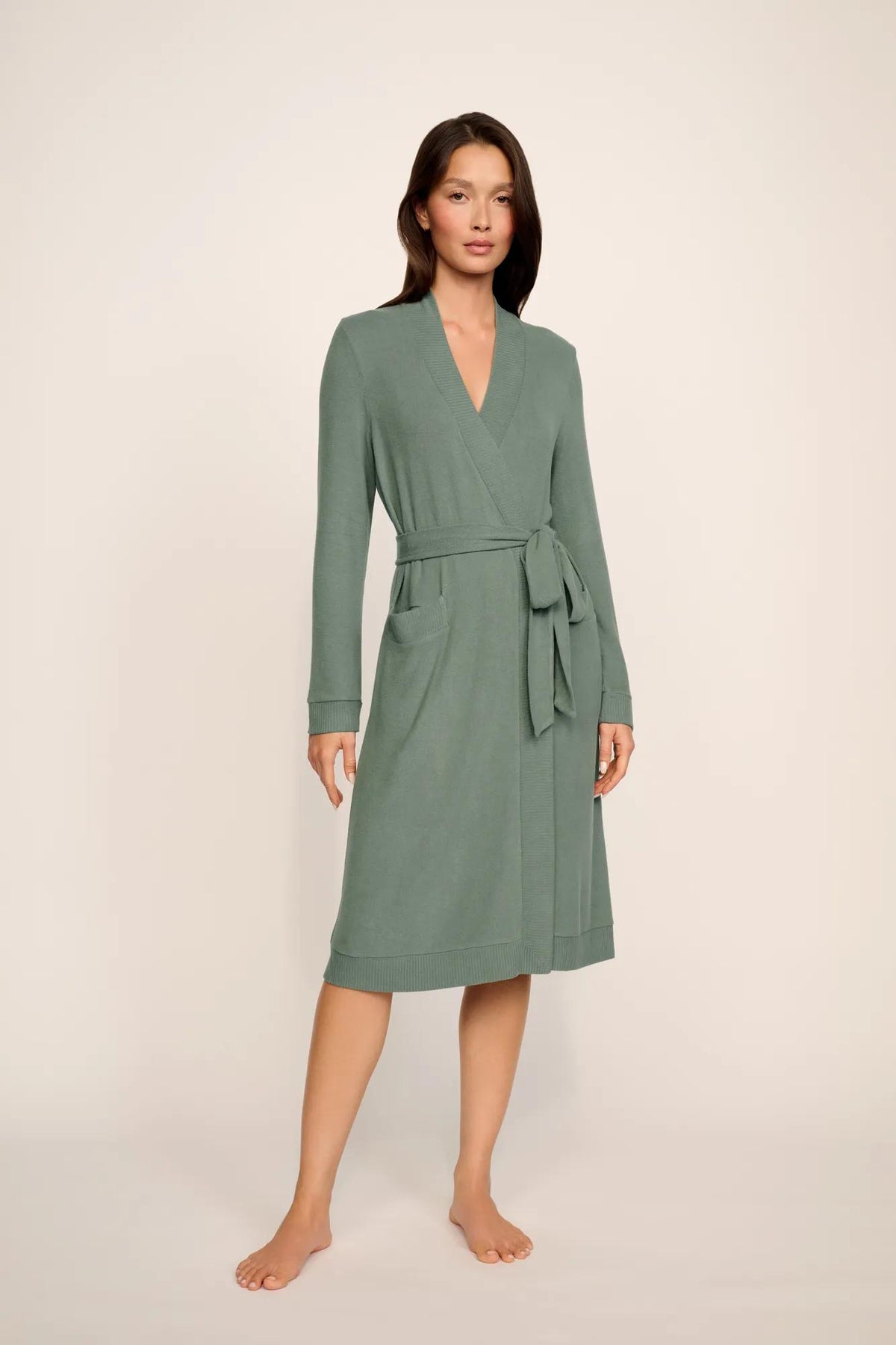 Model is wearing Cozy Time Robe in Desert Sage