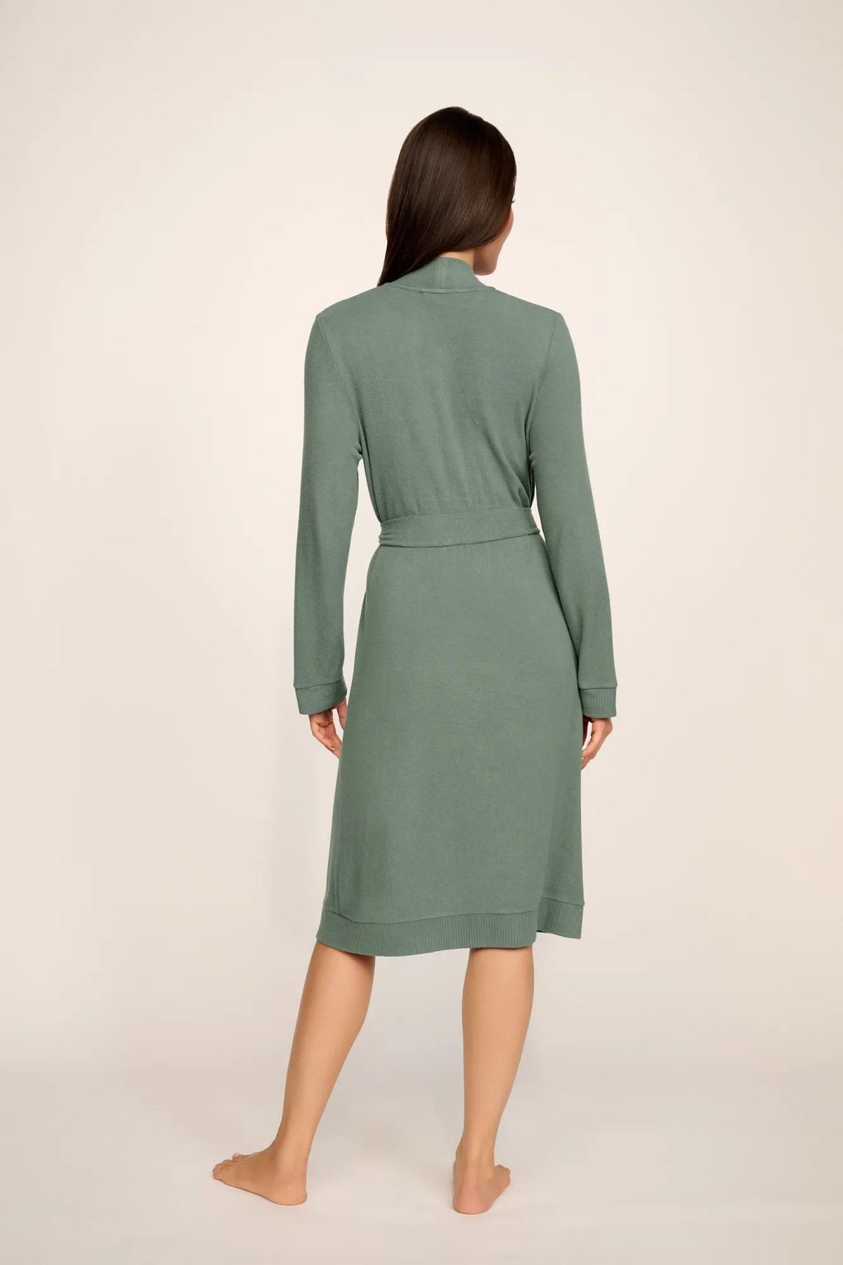 Model is wearing Cozy Time Robe in Desert Sage