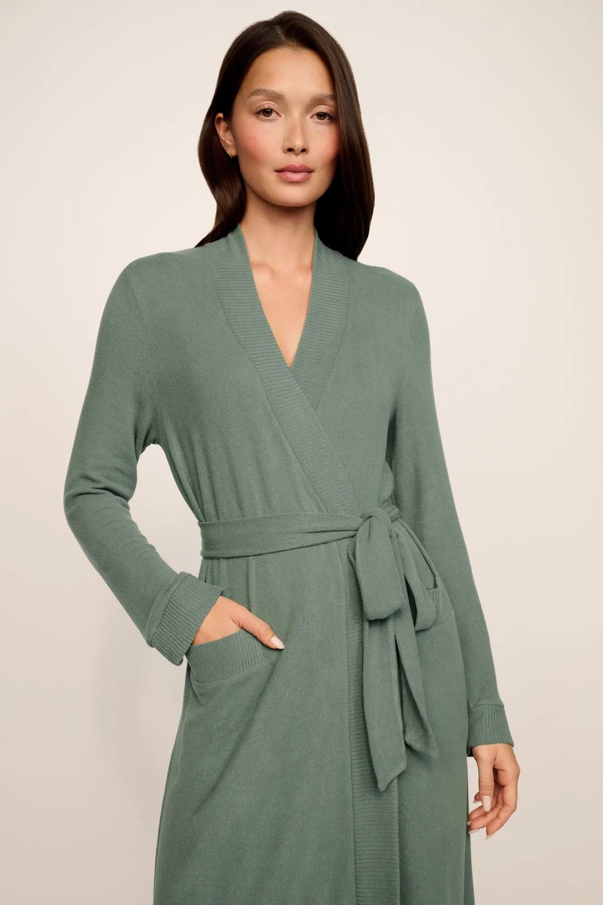 Model is wearing Cozy Time Robe in Desert Sage