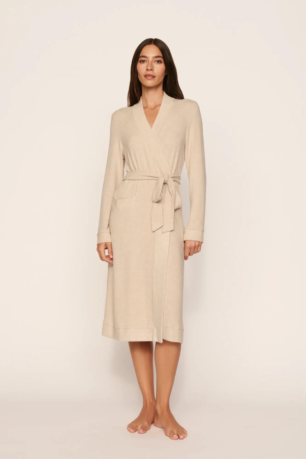 Model is wearing Cozy Time Robe in Heather French Oak