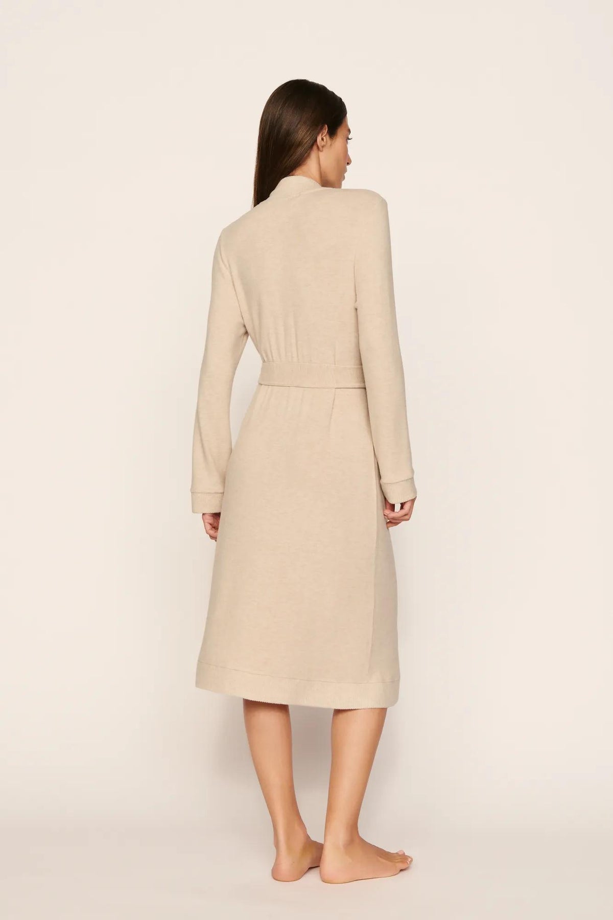 Model is wearing Cozy Time Robe in Heather French Oak