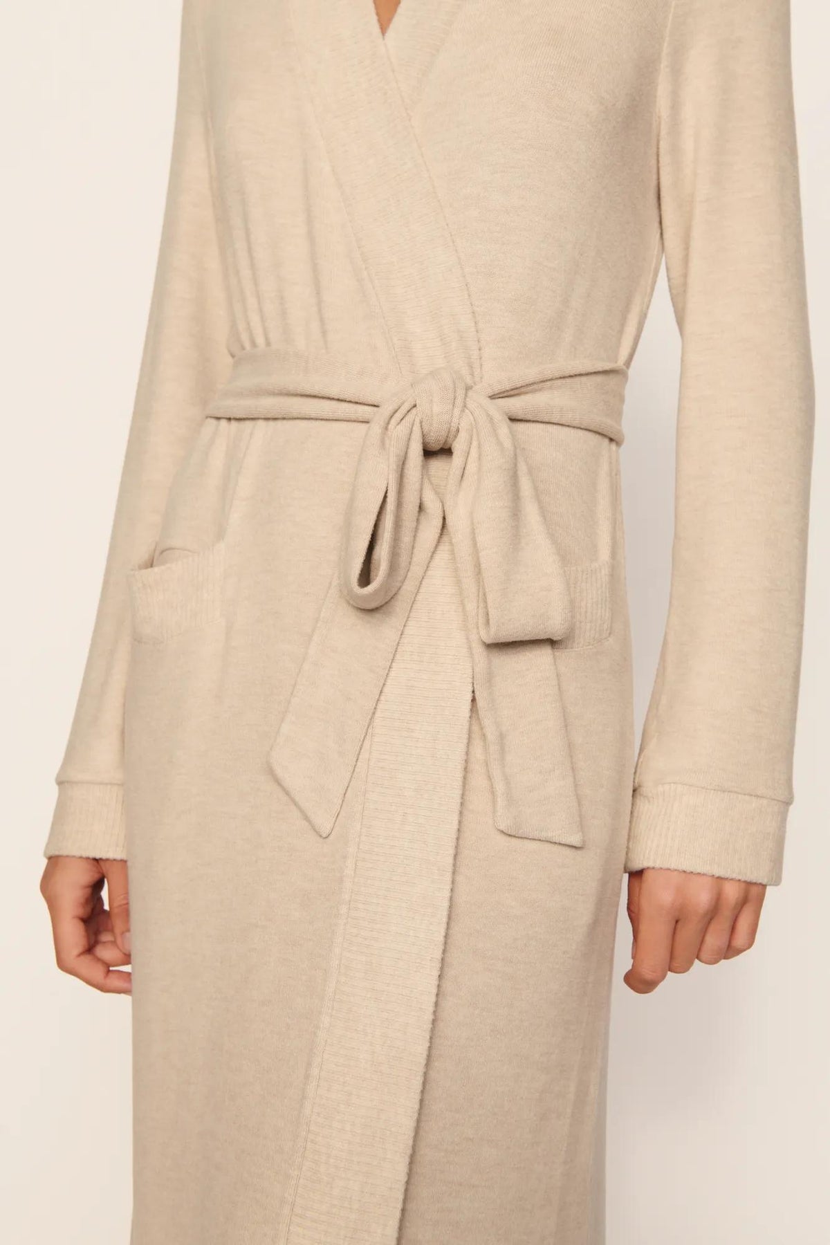Model is wearing Cozy Time Robe in Heather French Oak