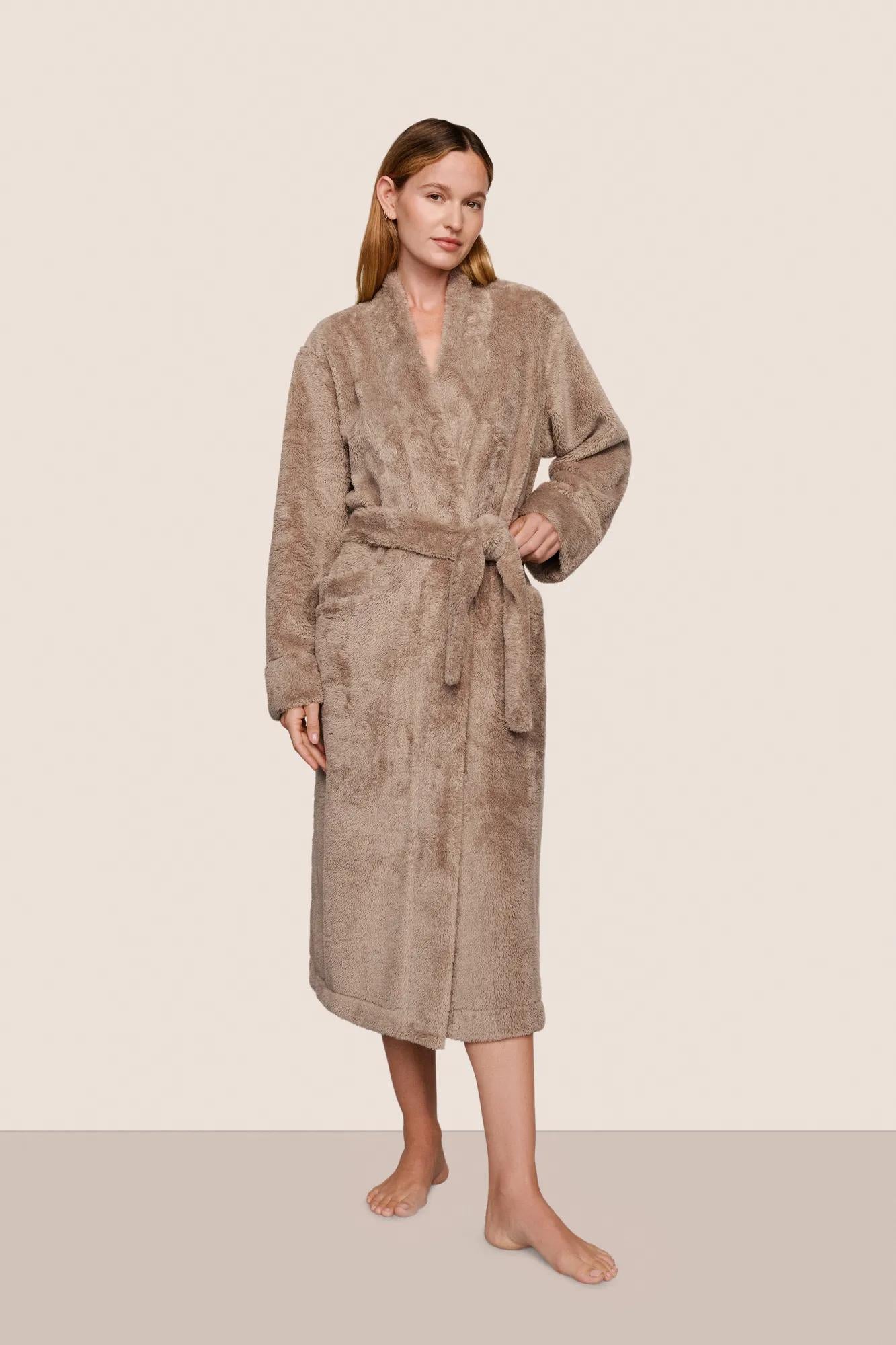 Model is wearing Renew Plush Long Robe  in Toffee