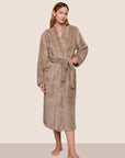 Model is wearing Renew Plush Long Robe  in Toffee