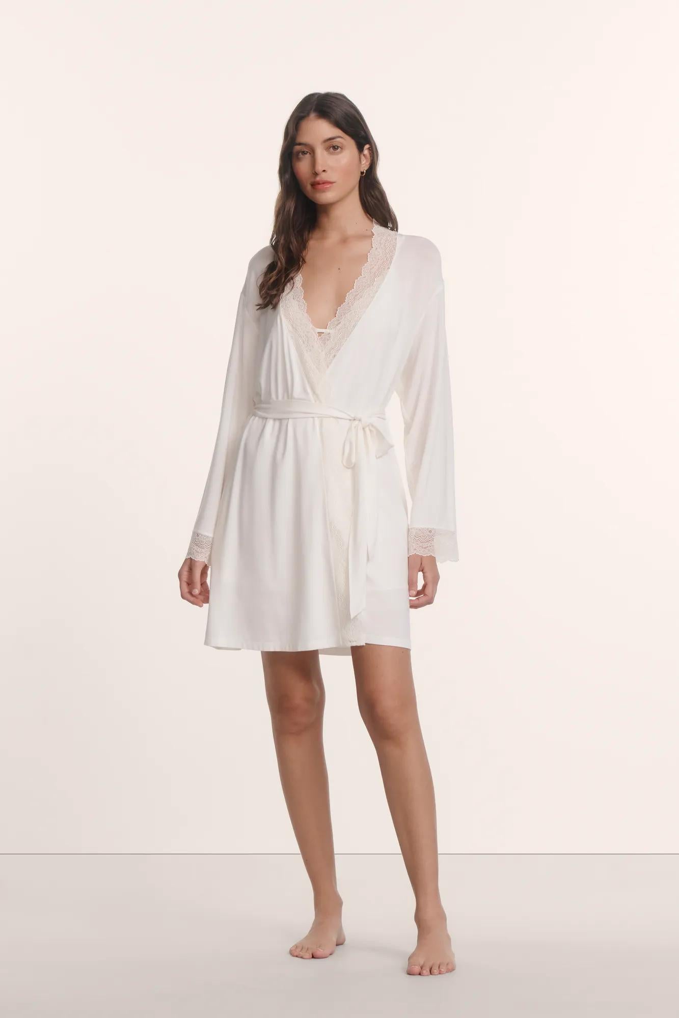 Model is wearing Lara TENCEL™ Modal Short Robe in Ivory
