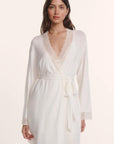 Model is wearing Lara TENCEL™ Modal Short Robe in Ivory