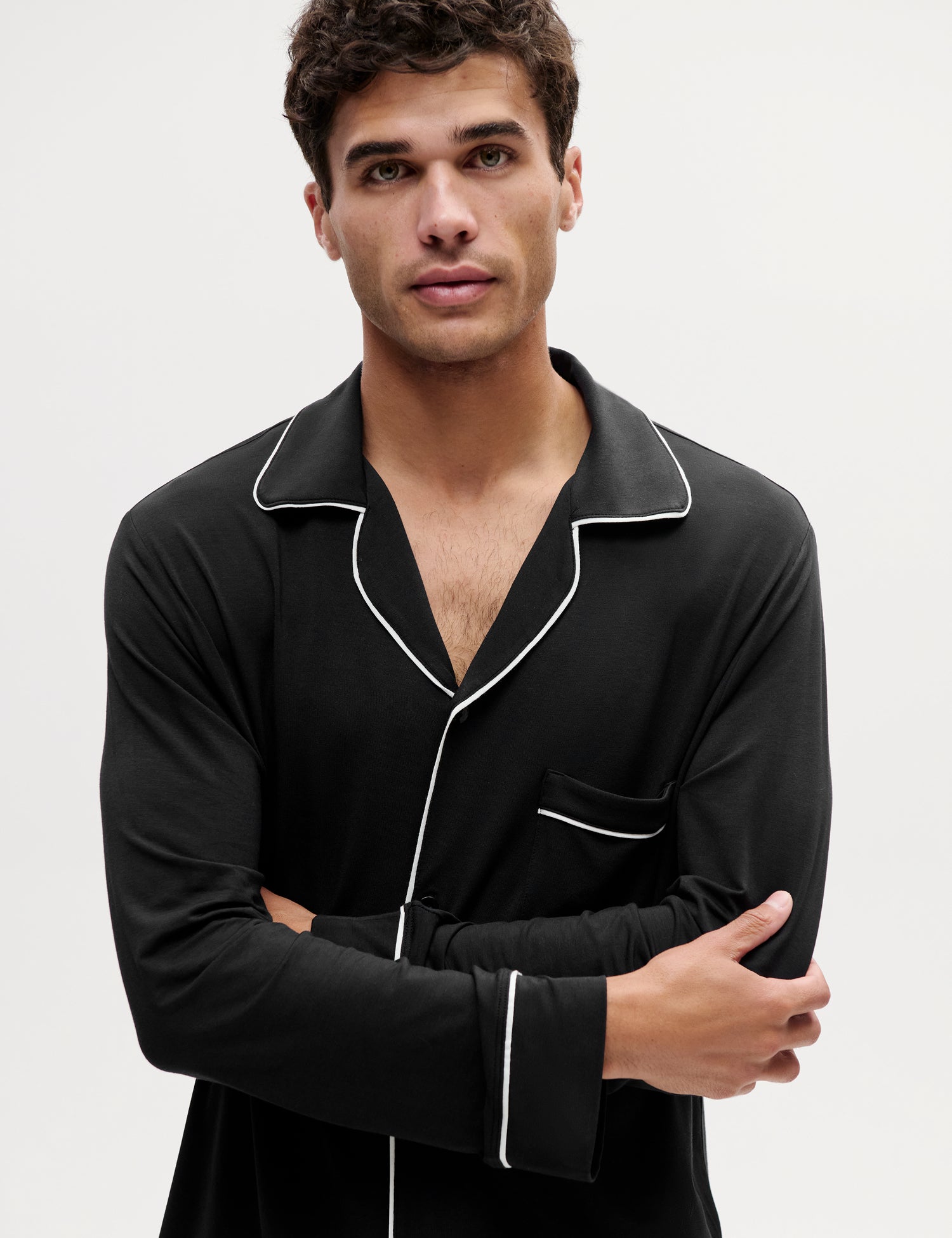 Model wearing William TENCEL Modal Long PJ Set in Black/Ivory