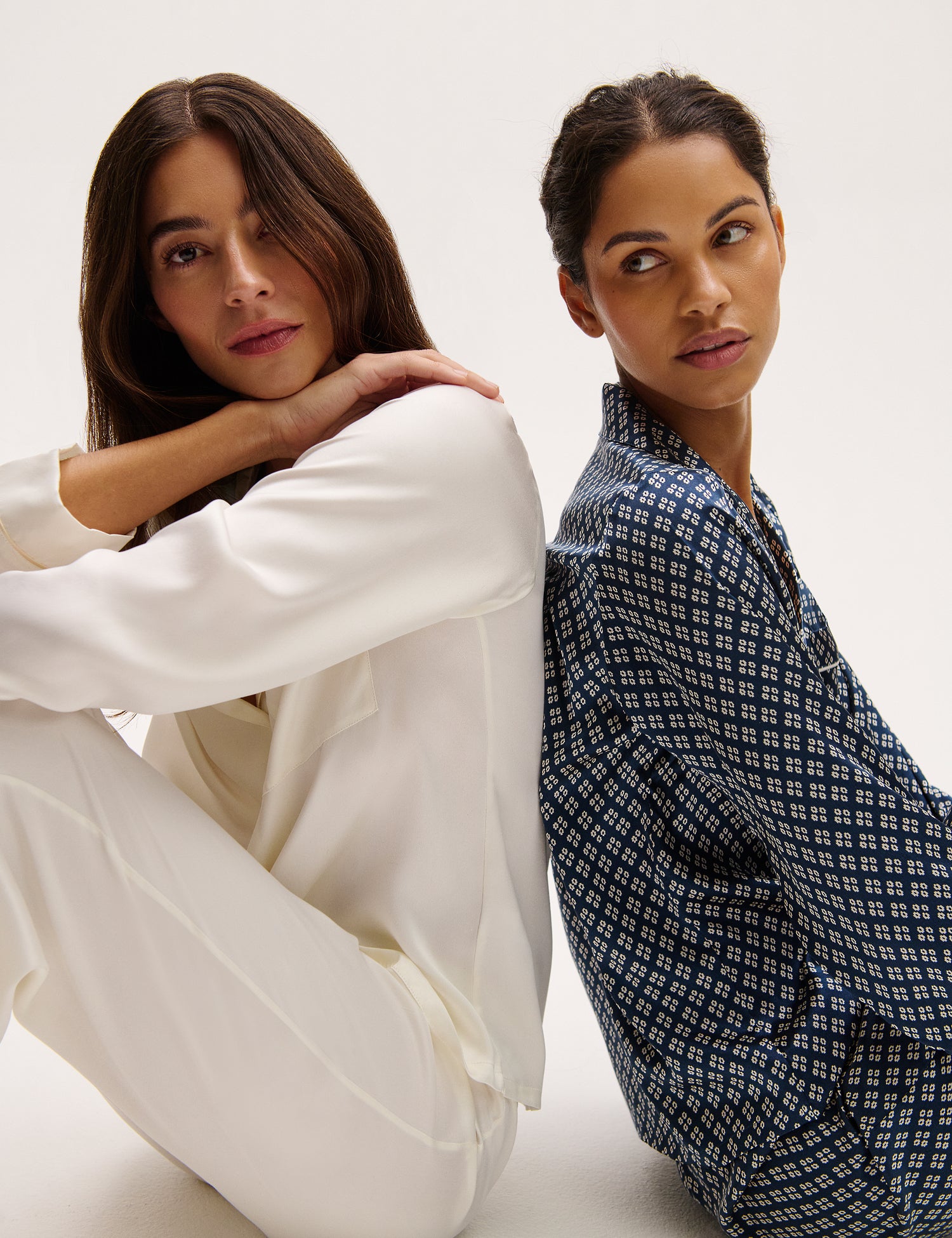 Image of models wearing Inez Washable Silk Long PJ Set in Ivory/Champagne and Petite Batik Indigo/Ivory