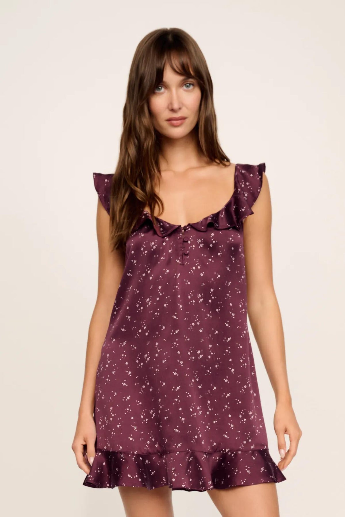 Model is wearing Washable Silk Printed Ruffle Babydoll in Starlight Wildberry
