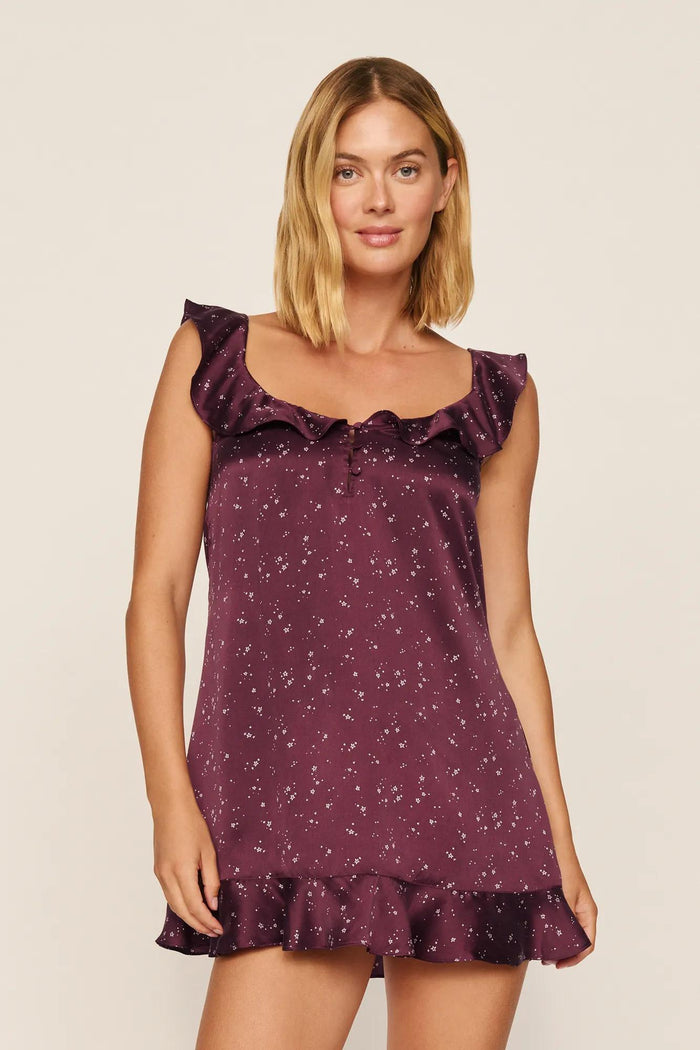 Washable Silk Printed Ruffle Babydoll in Starlight Wildberry