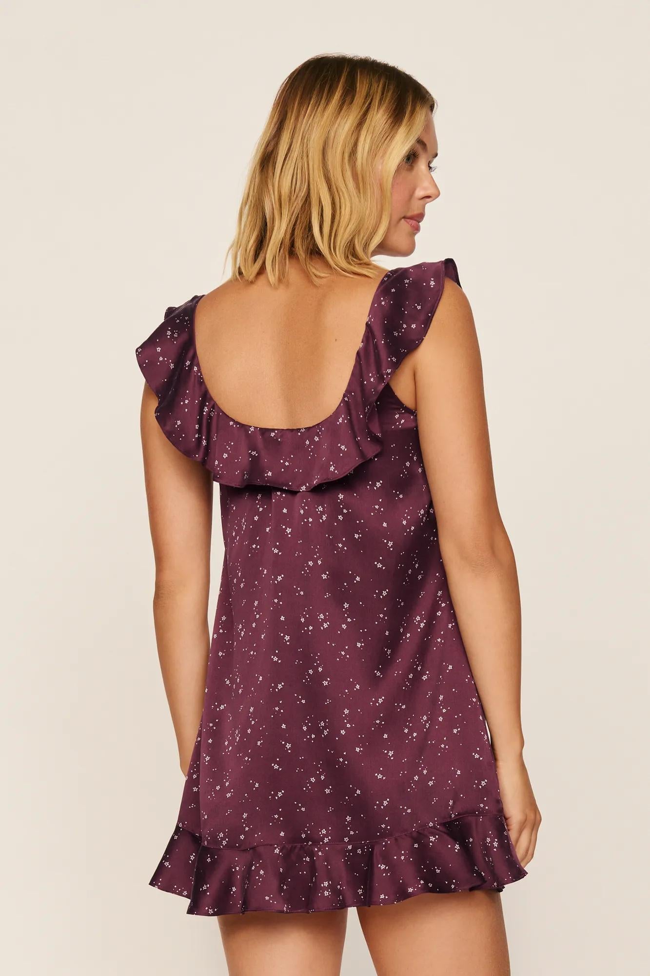 Model is wearing Washable Silk Printed Ruffle Babydoll in Starlight Wildberry