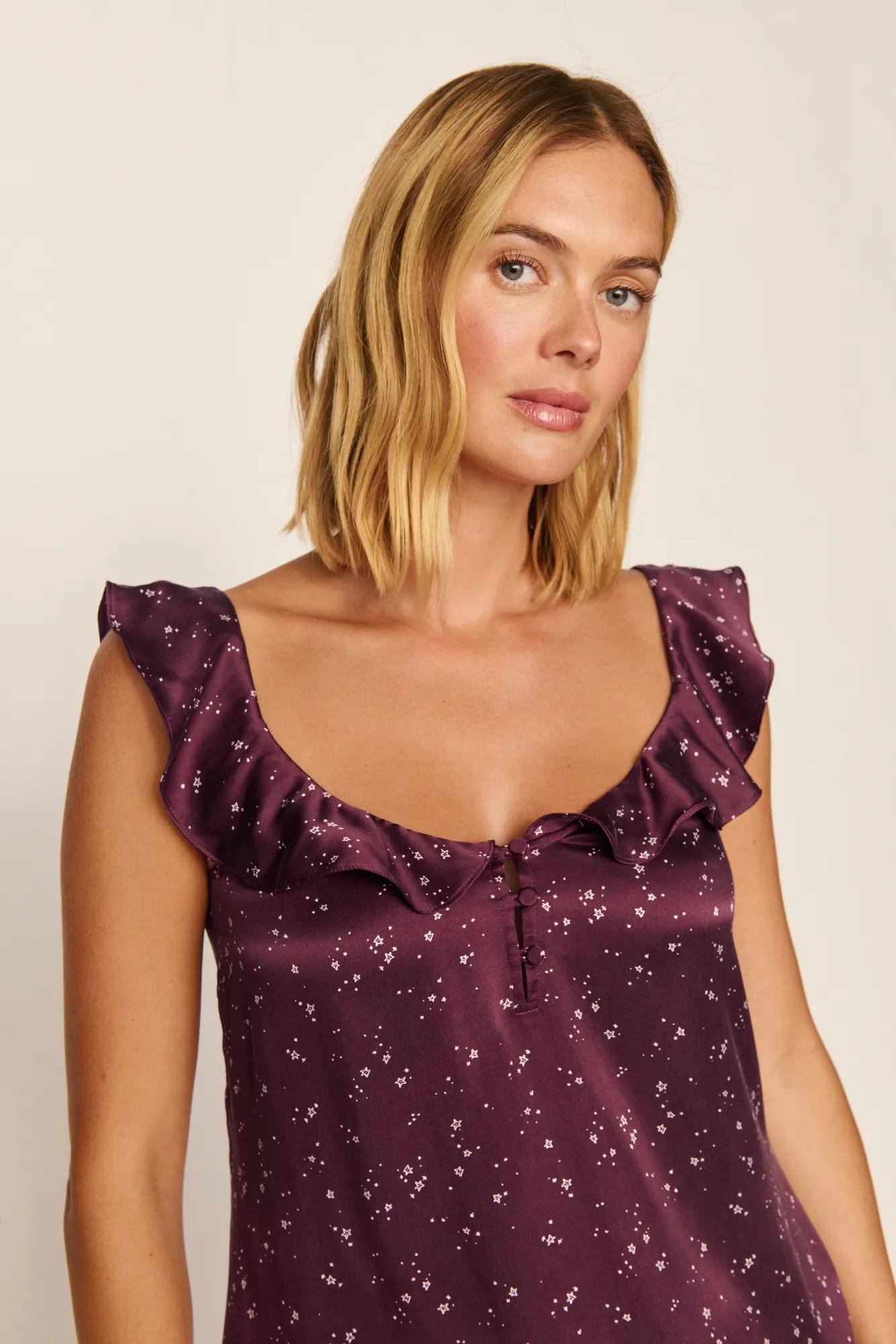 Model is wearing Washable Silk Printed Ruffle Babydoll in Starlight Wildberry