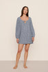 Model is wearing Linen Blend Short Dress in Gingham White/Navy