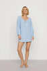 Model is wearing Linen Blend Short Dress in Gingham White/Summer Blue