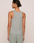 Model is wearing Dream Rib V Neck Tank in Dark Heather Grey