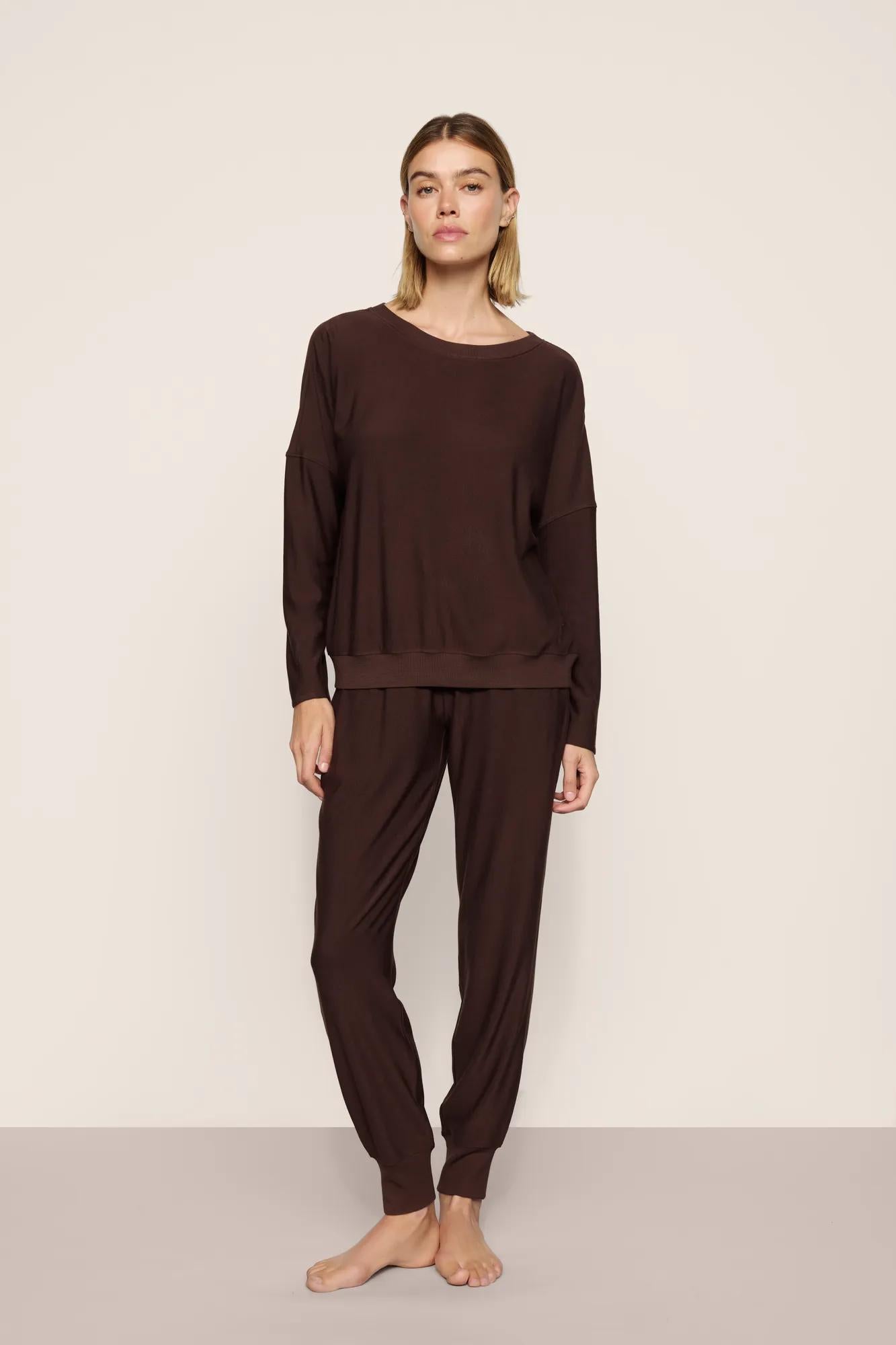 Model is wearing Softest Sweats Boat Neck Pullover in Chocolate