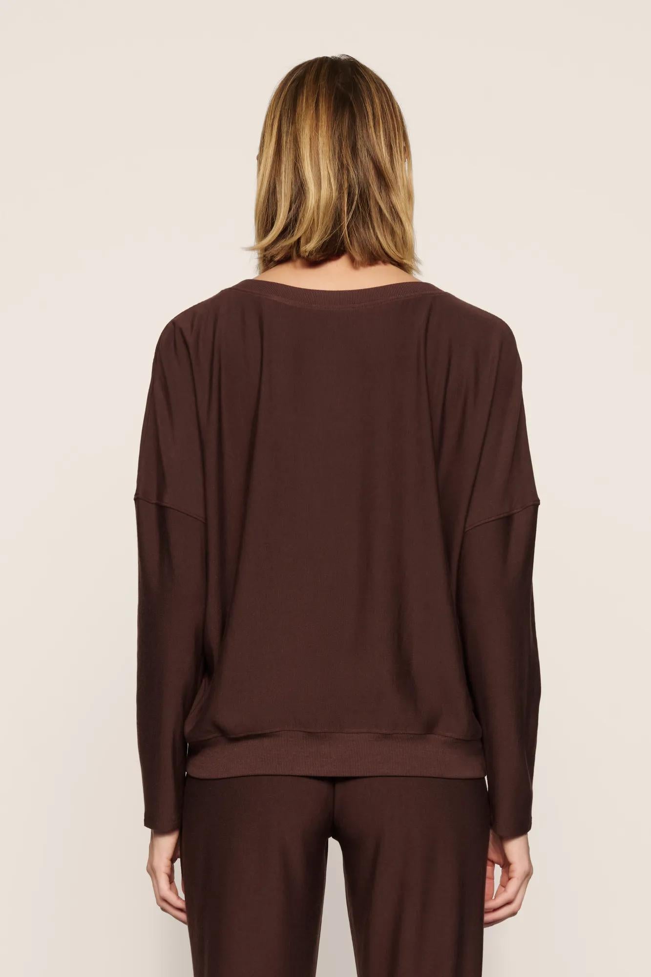 Model is wearing Softest Sweats Boat Neck Pullover in Chocolate