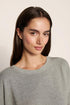 Model is wearing Softest Sweats Boat Neck Pullover in Dark Heather Grey