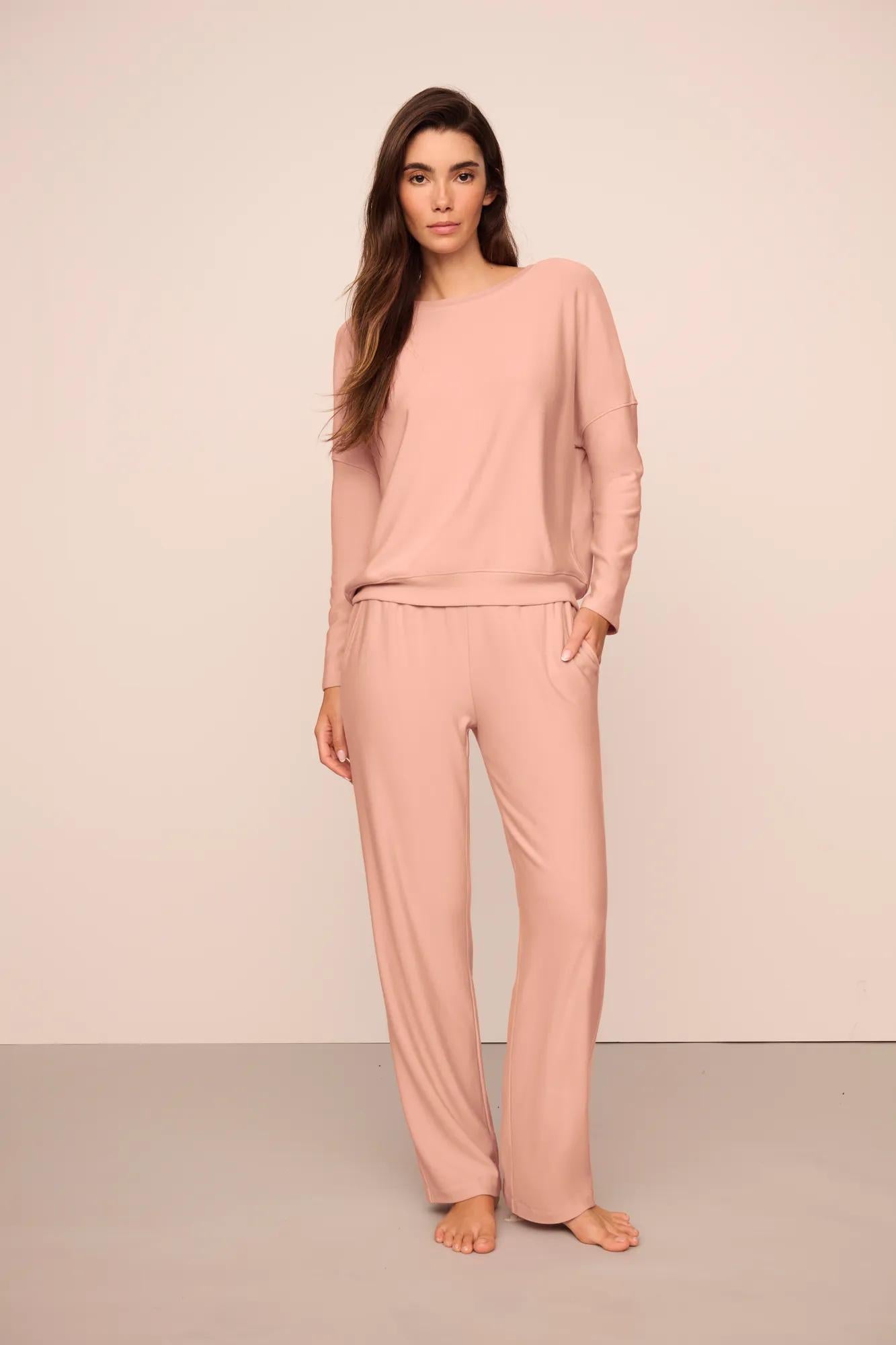 Model is wearing Softest Sweats Boat Neck Pullover  in  Velvet Pink
