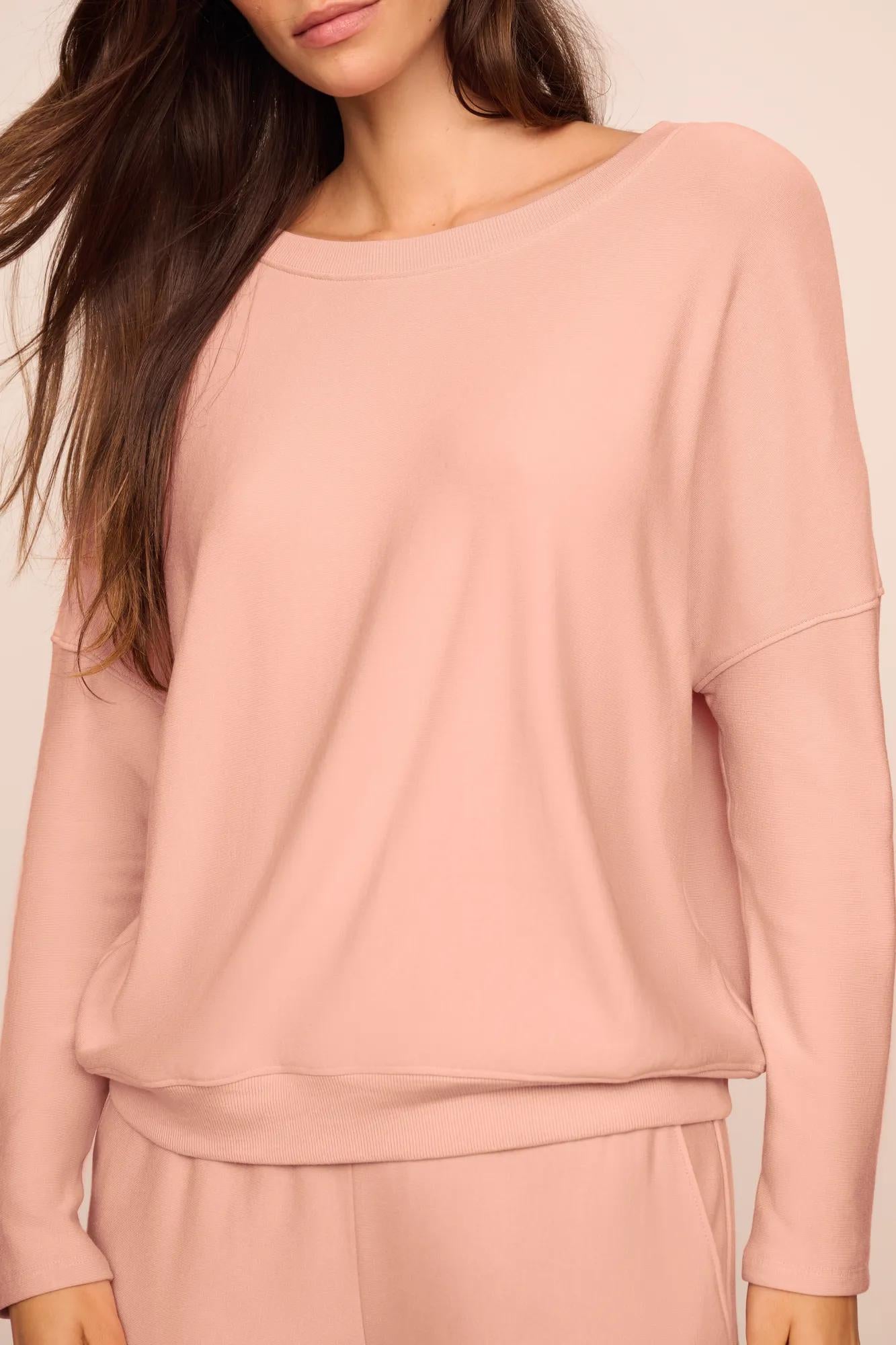 Model is wearing Softest Sweats Boat Neck Pullover  in  Velvet Pink