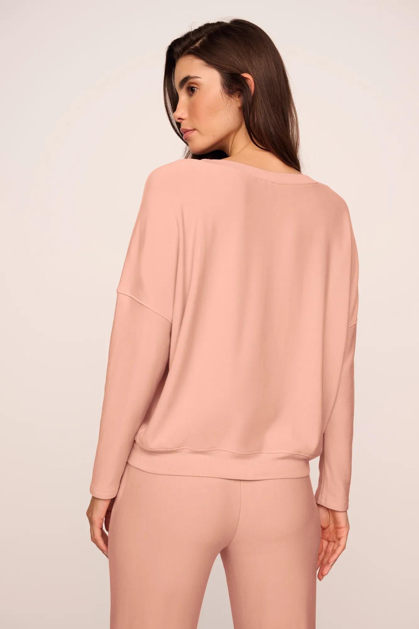 Model is wearing Softest Sweats Boat Neck Pullover  in  Velvet Pink