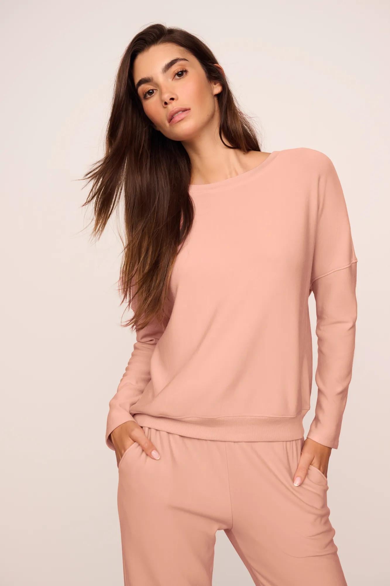 Model is wearing Softest Sweats Boat Neck Pullover  in  Velvet Pink