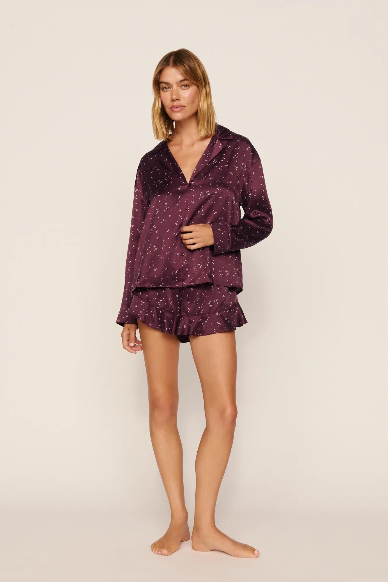 Model is wearing Washable Silk Printed Ruffle Long Sleeve & Short PJ Set in Starlight Wildberry