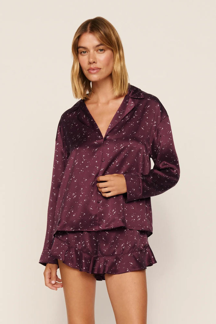 Washable Silk Printed Ruffle Long Sleeve and Short PJ Set in Starlight Wildberry