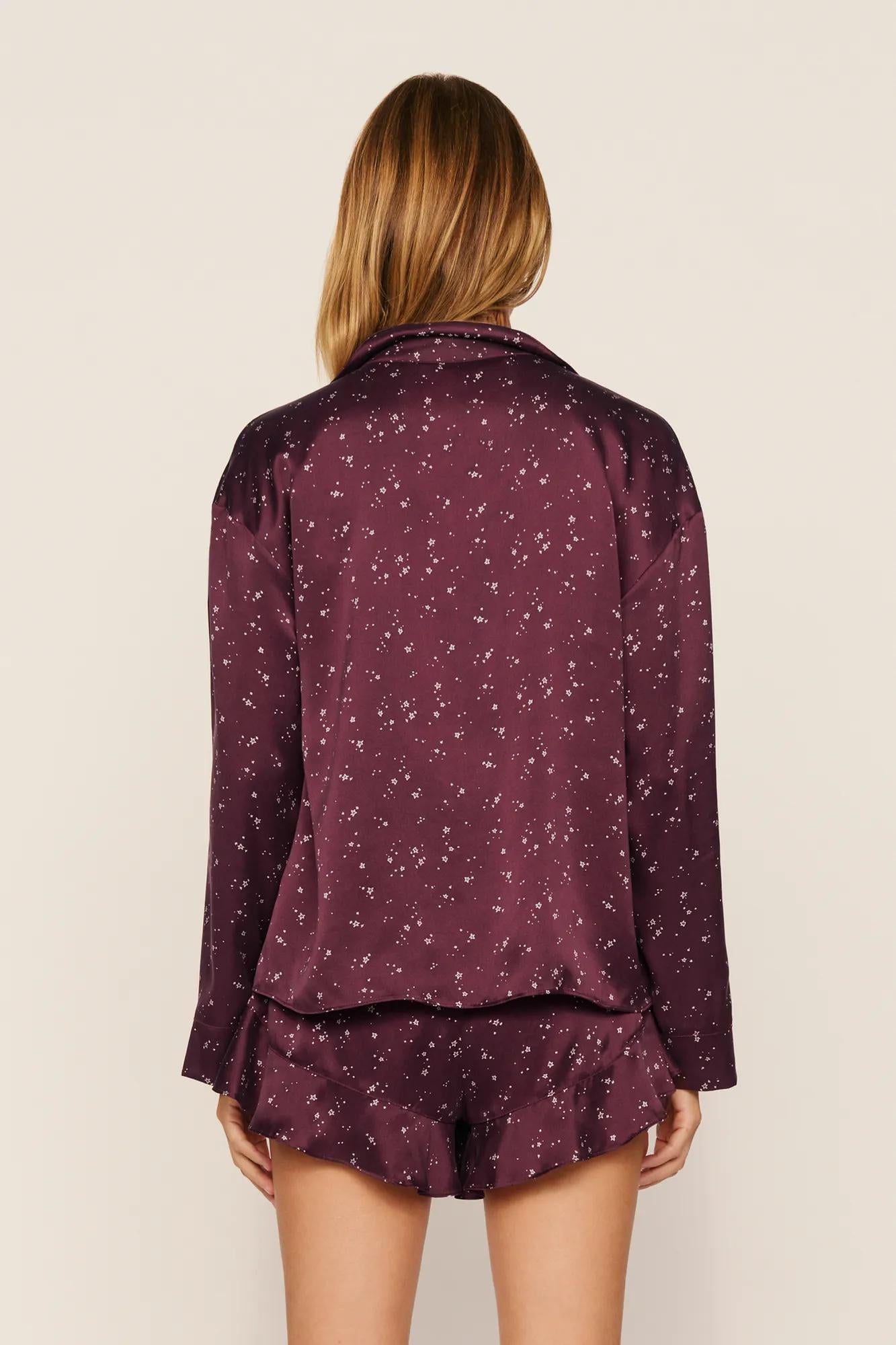 Model is wearing Washable Silk Printed Ruffle Long Sleeve & Short PJ Set in Starlight Wildberry