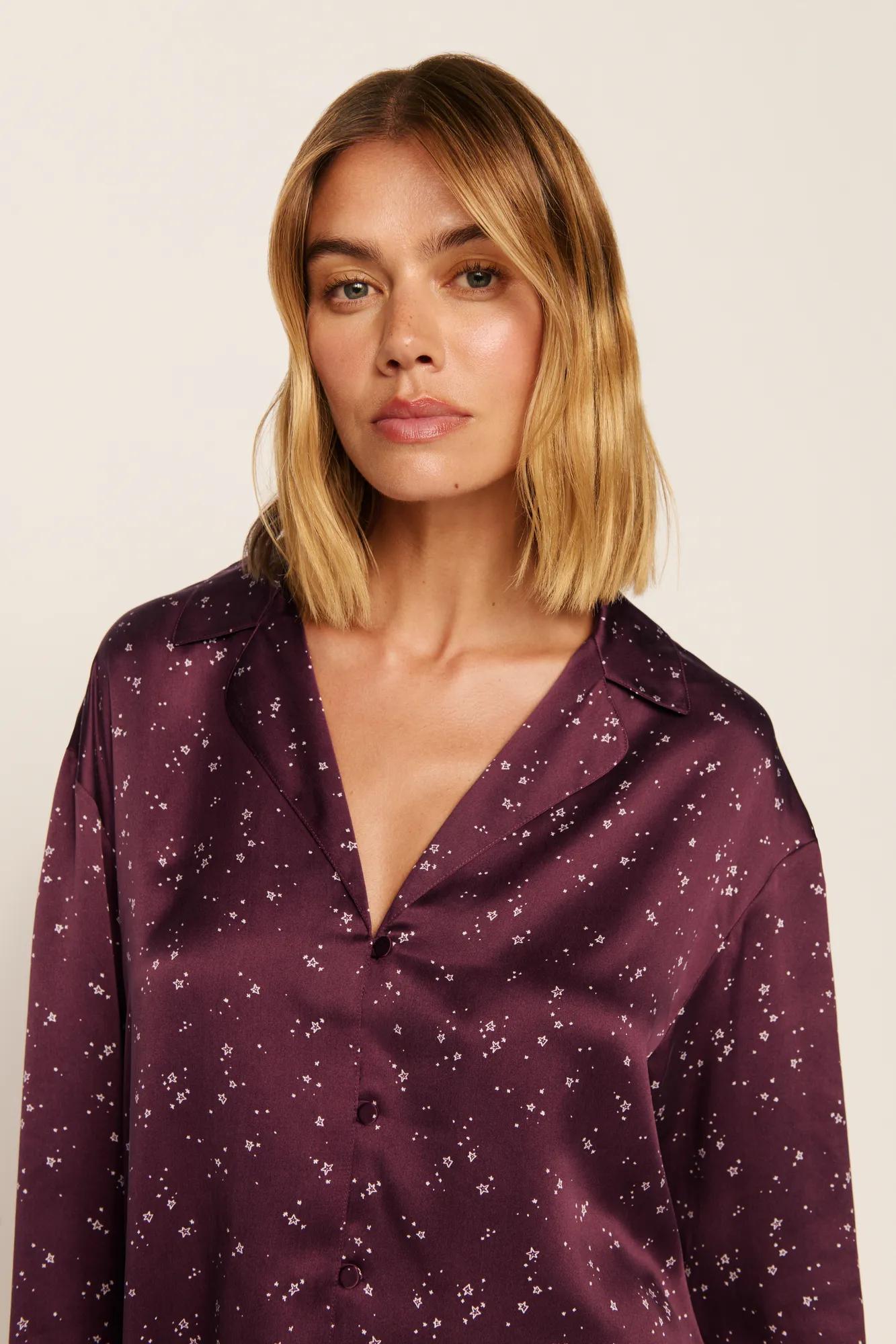 Model is wearing Washable Silk Printed Ruffle Long Sleeve & Short PJ Set in Starlight Wildberry