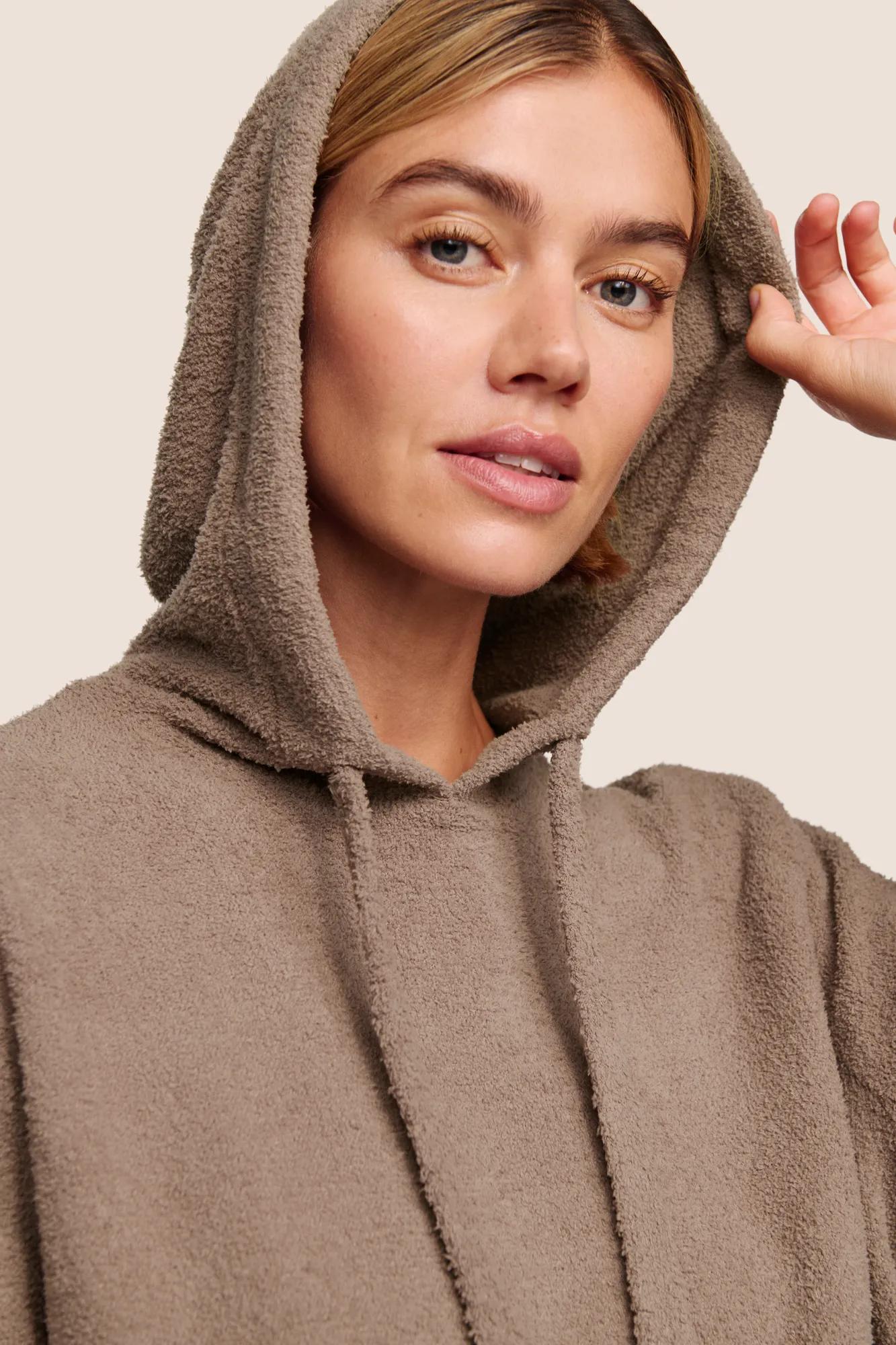 Model is wearing Recycled Boucle Hoodie  in Deep Taupe
