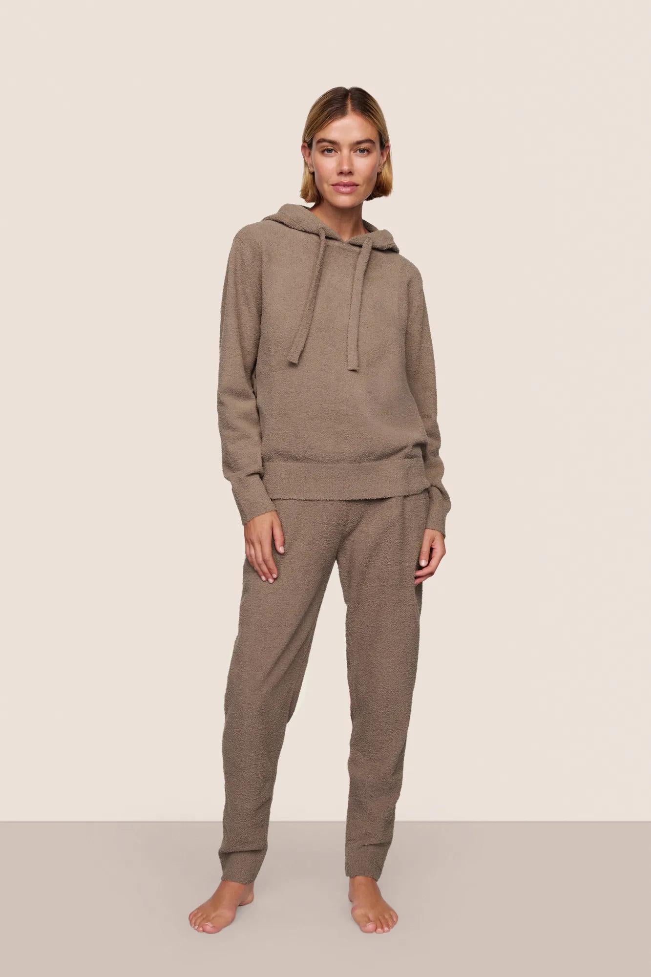 Model is wearing Recycled Boucle Hoodie  in Deep Taupe