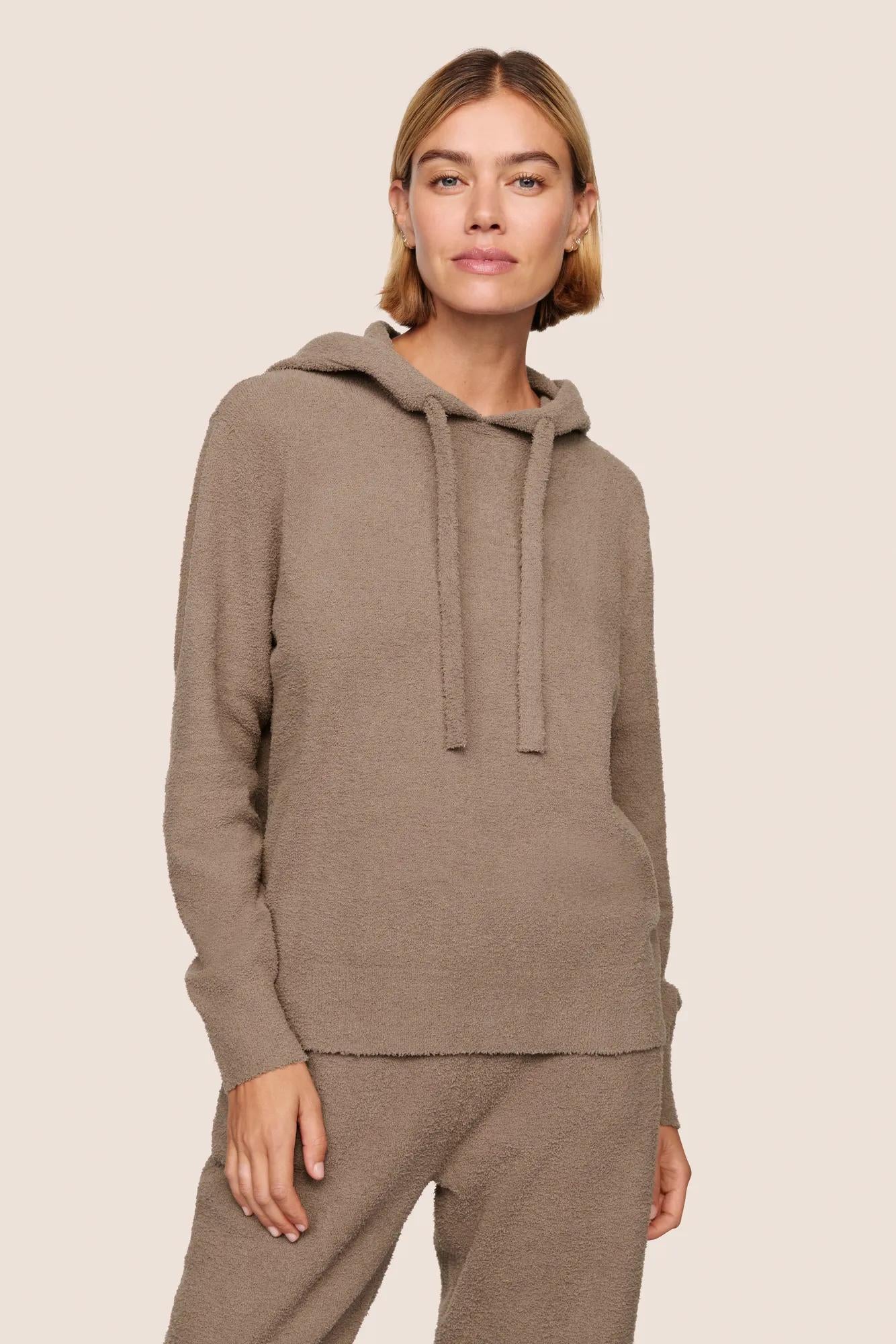 Model is wearing Recycled Boucle Hoodie  in Deep Taupe