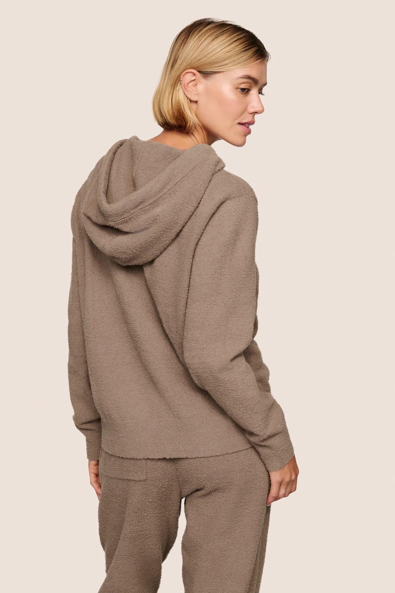 Model is wearing Recycled Boucle Hoodie  in Deep Taupe