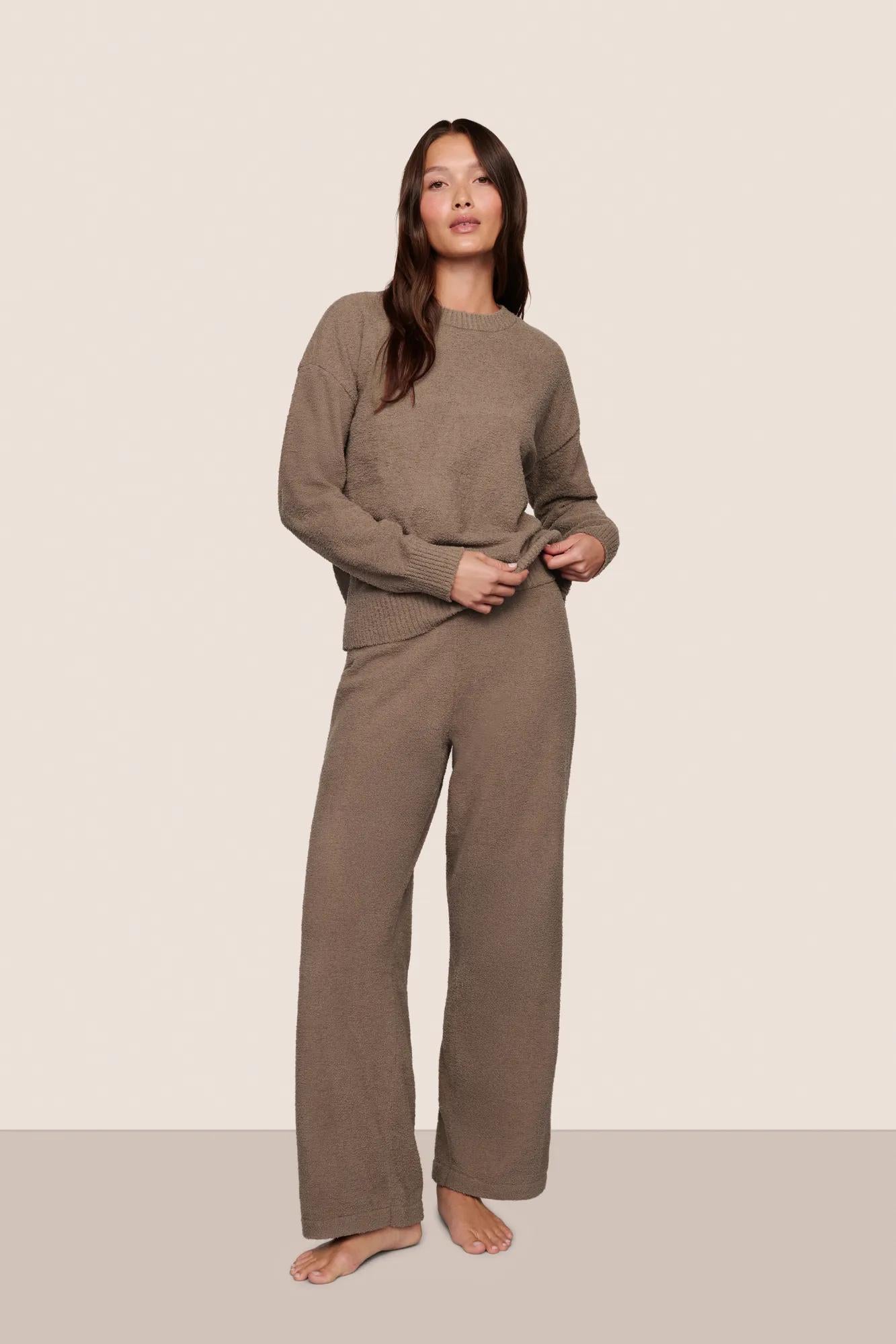 Model is wearing Recycled Boucle Pant  in Deep Taupe