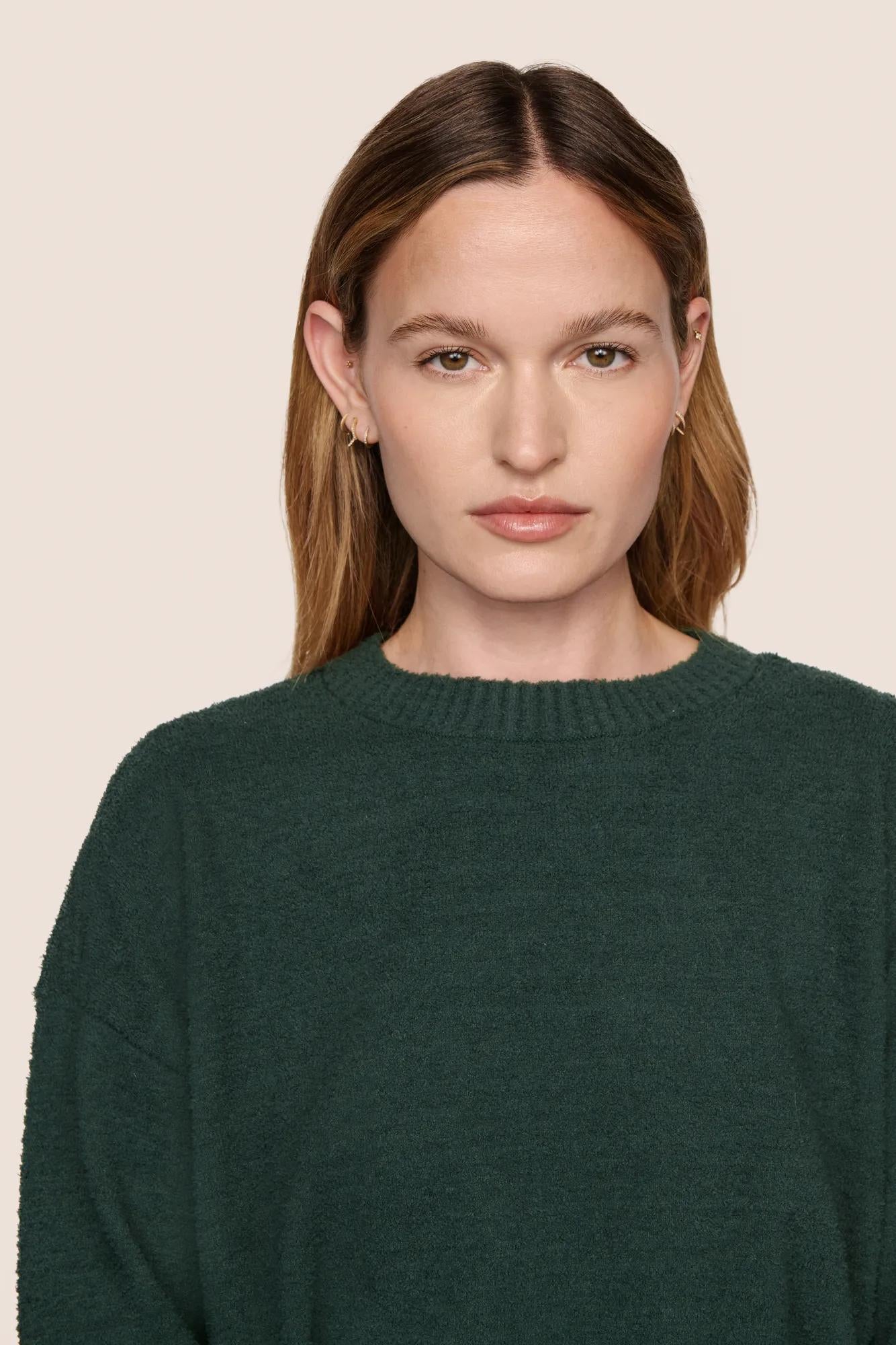 Model is wearing Recycled Boucle Crew Neck Pullover  in Pine