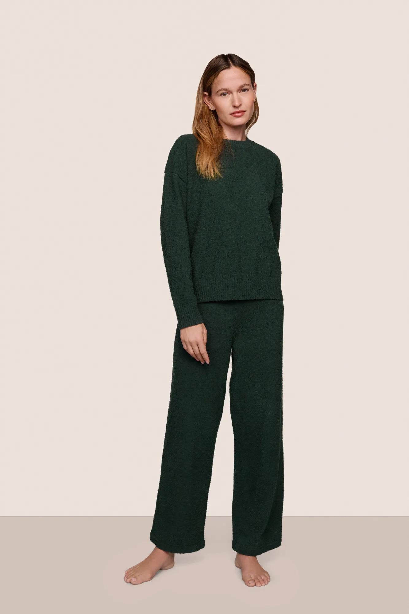 Model is wearing Recycled Boucle Crew Neck Pullover  in Pine