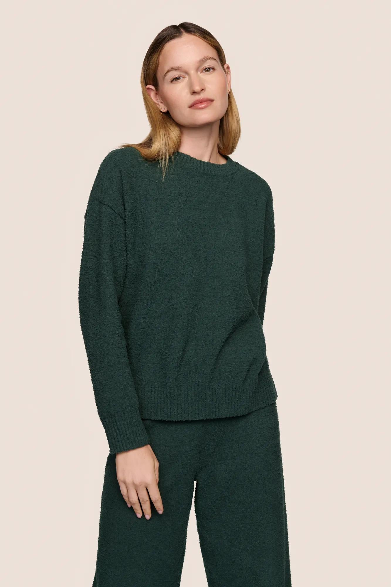 Model is wearing Recycled Boucle Crew Neck Pullover  in Pine