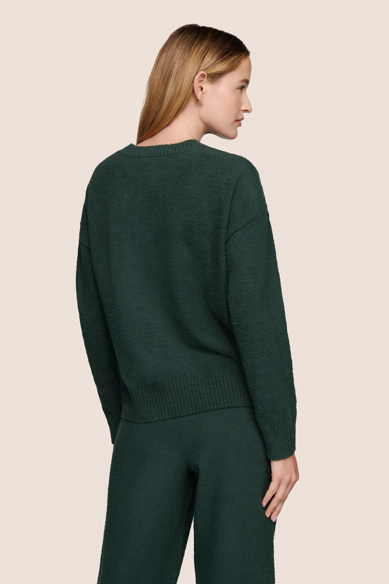 Model is wearing Recycled Boucle Crew Neck Pullover  in Pine